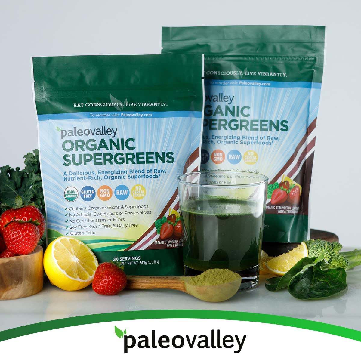 Paleovalley Organic Supergreens Powder - 23 Organic Superfoods Blend, Gluten Free, No Cereal Grasses, Soy or Grains - Paleo Green Powder Supplement (3 Pack, 28 Servings) - Perfect for Smoothies, Juices & Healthy Lifestyle Boost