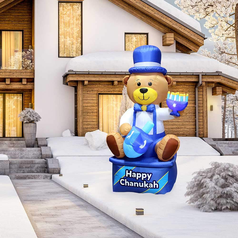 8' Inflatable Hanukkah Bear Yard Decoration with Built-in LED Lights - Multi-Blue Chanukah Indoor/Outdoor Decor - Includes Air Blower & Tie-Down Stakes - Perfect for Hanukkah Lawn, Garden, and Holiday Party Decorations