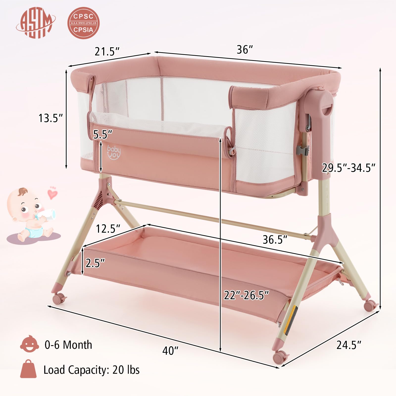 BABY JOY 3-in-1 Rocking Bassinet with Storage Basket | Adjustable Height Baby Bedside Sleeper with Universal Wheels, Mattress & Portable Bag | Nursery, Bedroom & Travel Use (Pink)