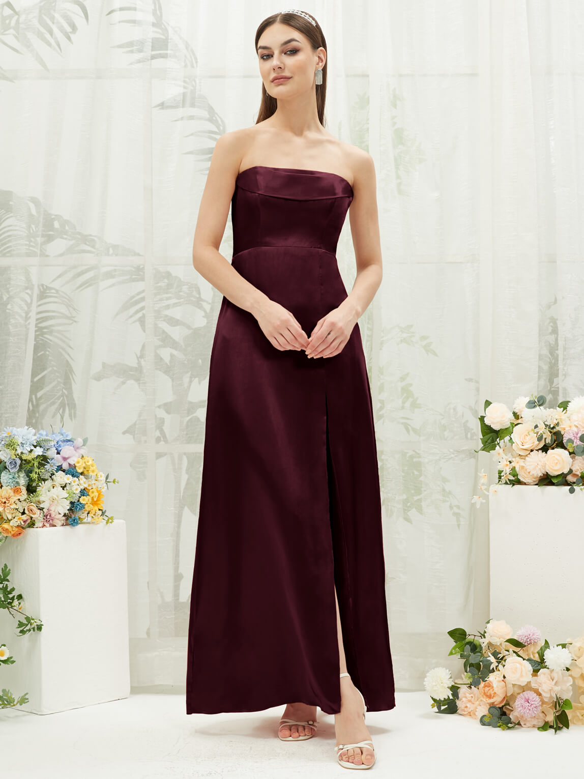 Elegant Cabernet Satin Convertible Slit Floor-Length Bridesmaid Dress - Perfect for Weddings, Formal Events & Special Occasions