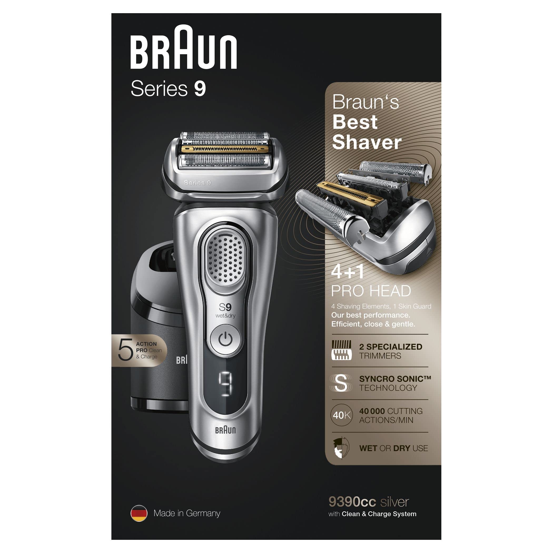 Braun Series 9 Electric Shaver for Men with Clean & Charge Station, Leather Case - 100% Waterproof, 2 Pin Bathroom Plug, Flawless Shaving - Perfect Gift for Dad, Husband, Boyfriend (Model 9390cc, Silver) - Ideal for Travel, Home Use & Wet/Dry Shaving