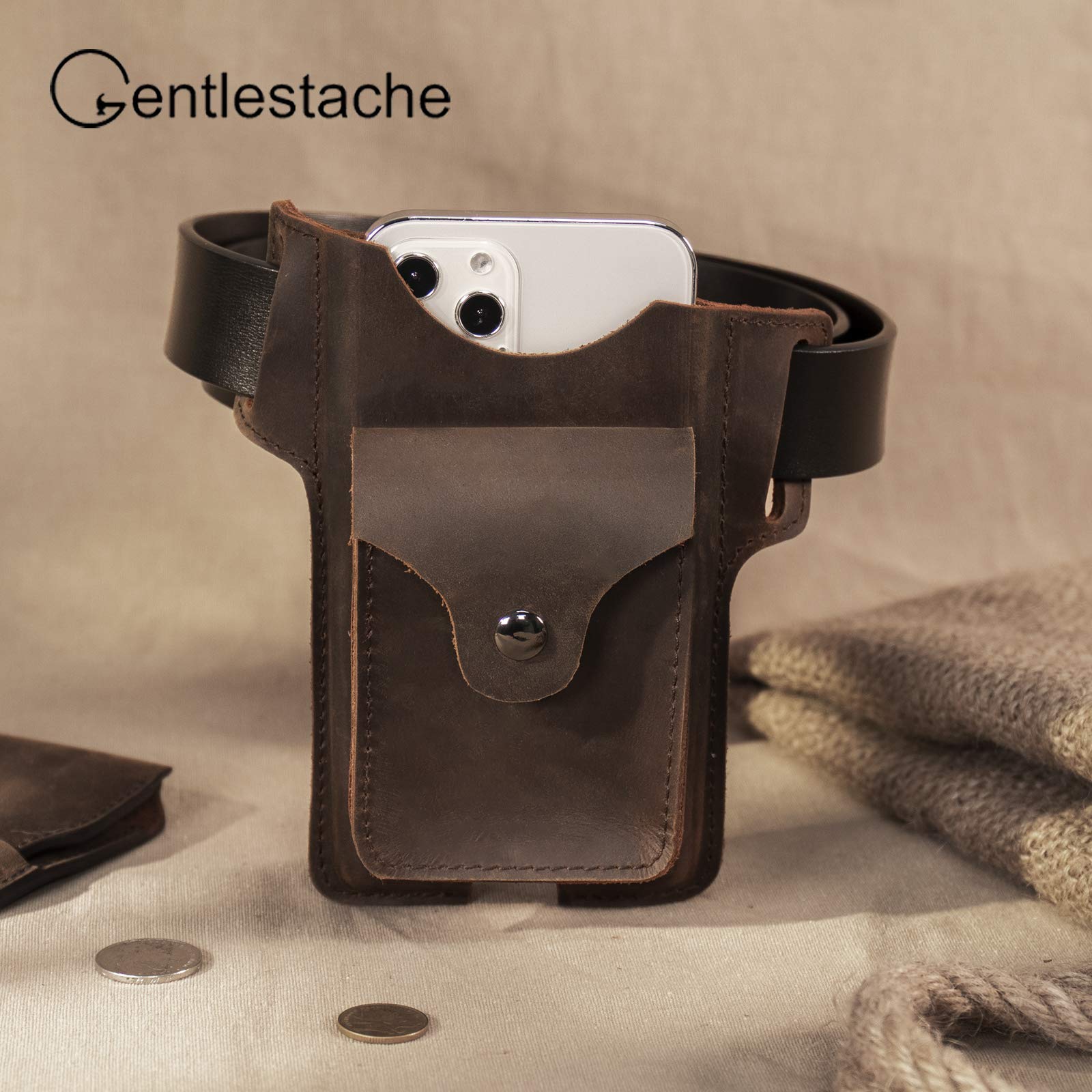Gentlestache Leather Belt Phone Holster with Small Pocket - Premium Leather Cell Phone Case & Holder for Men & Women, Ideal for Outdoor, Work, and Everyday Use