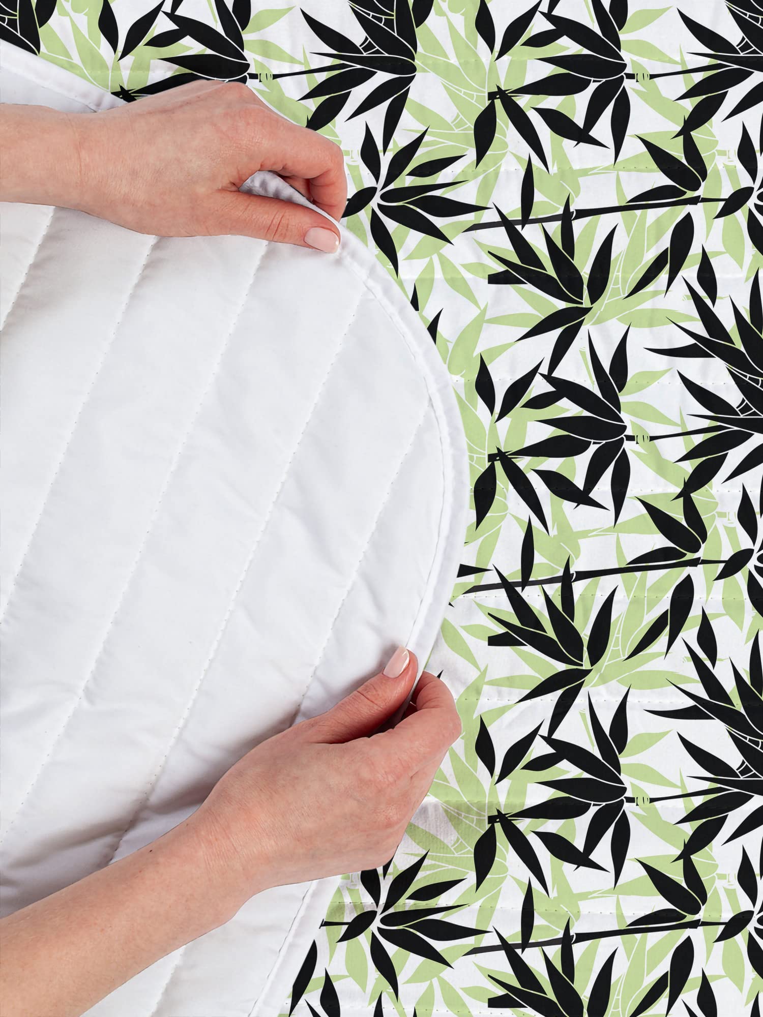 Ambesonne East Microfiber Bedspread Set - Chinese Nature Inspired Leaf Print Twin Size Bedding with Pillow Shams & Comforter in Pale Green White | Soft Microfiber for Cozy Bedroom Decor, Guest Room & Dorm Essentials