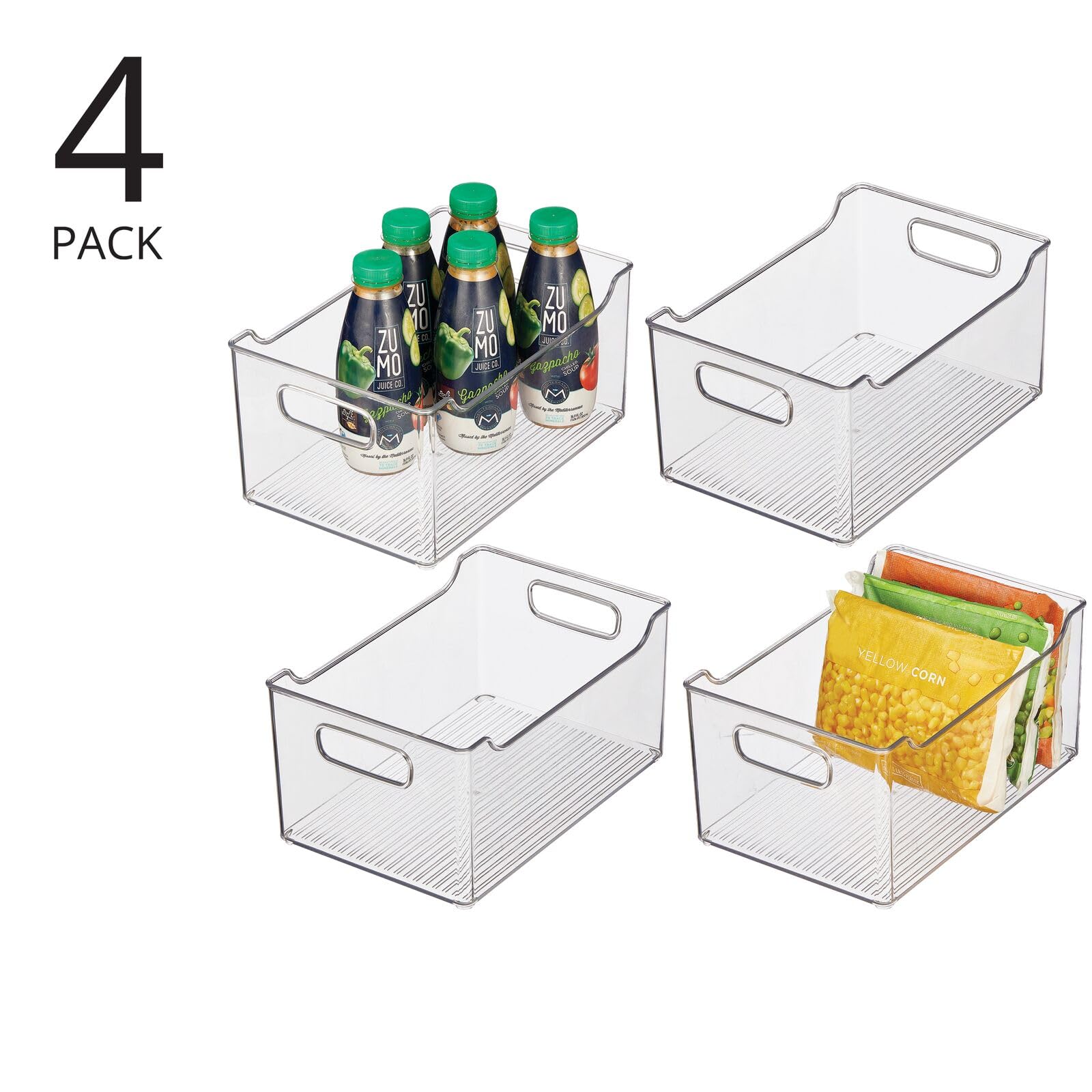 mDesign Clear Plastic Storage Bins with Handles - 4 Pack Kitchen & Pantry Organizer for Fruits, Vegetables, Snacks, Drinks - Perfect for Cabinet, Shelf, Fridge & Freezer Organization