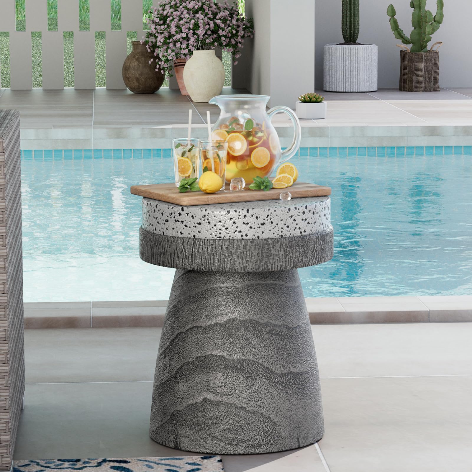 Stylish Grey Concrete Outdoor Side Table with Spotted Tabletop - Lightweight Round Patio Accent Table, Faux Wood Cylinder Stool - Perfect for Garden, Deck, and Poolside Decor