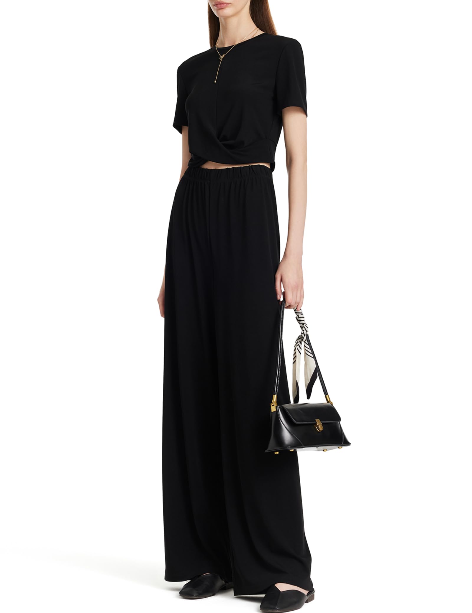 GOELIA Women's Summer 2-Piece Outfit - Acetate Short Sleeve Black T-Shirt & Wide Leg Lounge Pants Set | Casual Knit Tops & Comfortable Pajama Pants for Home, Vacation & Relaxation