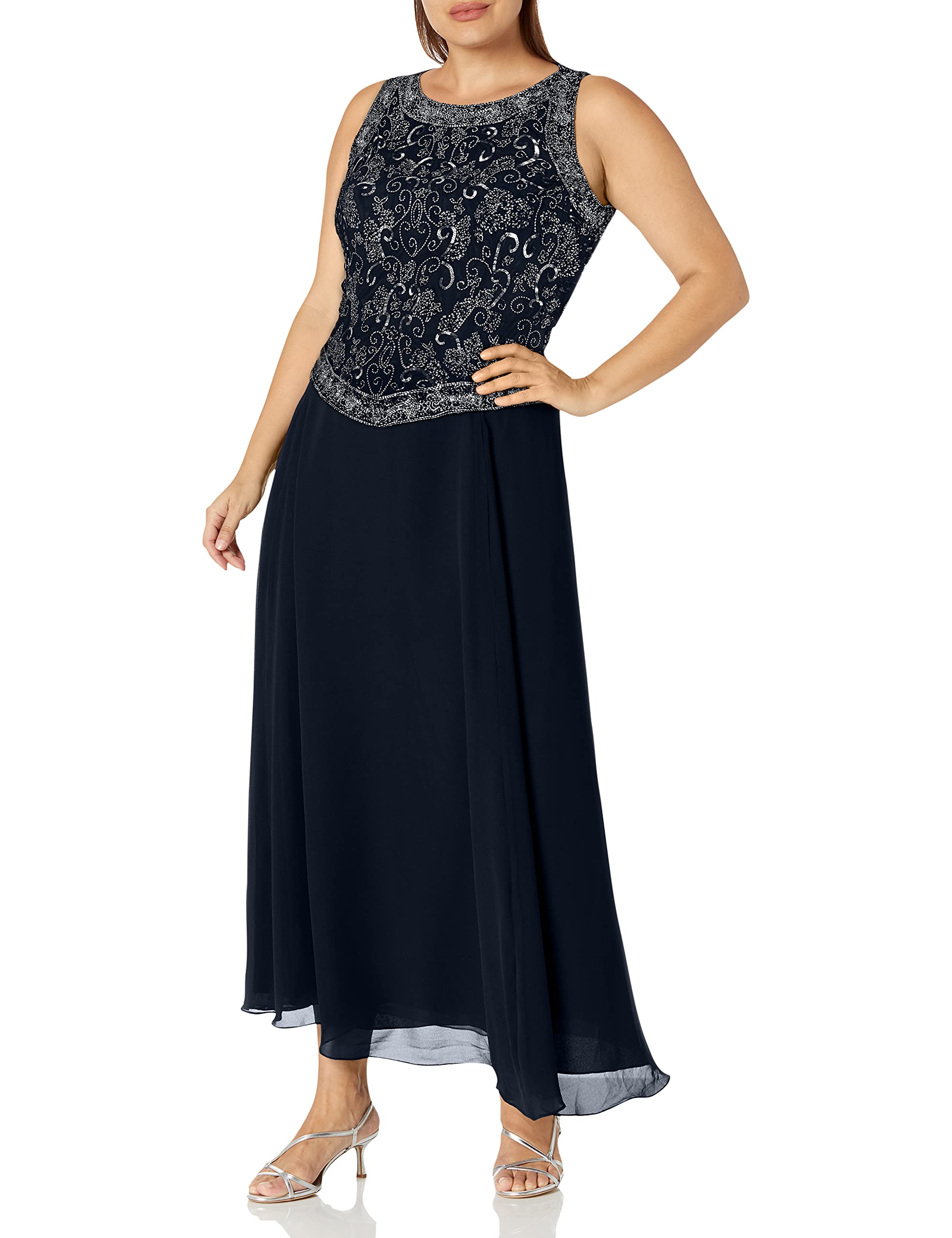 J Kara Women's Elegant Beaded Evening Gown with Detachable Scarf - Plus Size Formal Dress for Prom, Wedding & Special Occasions