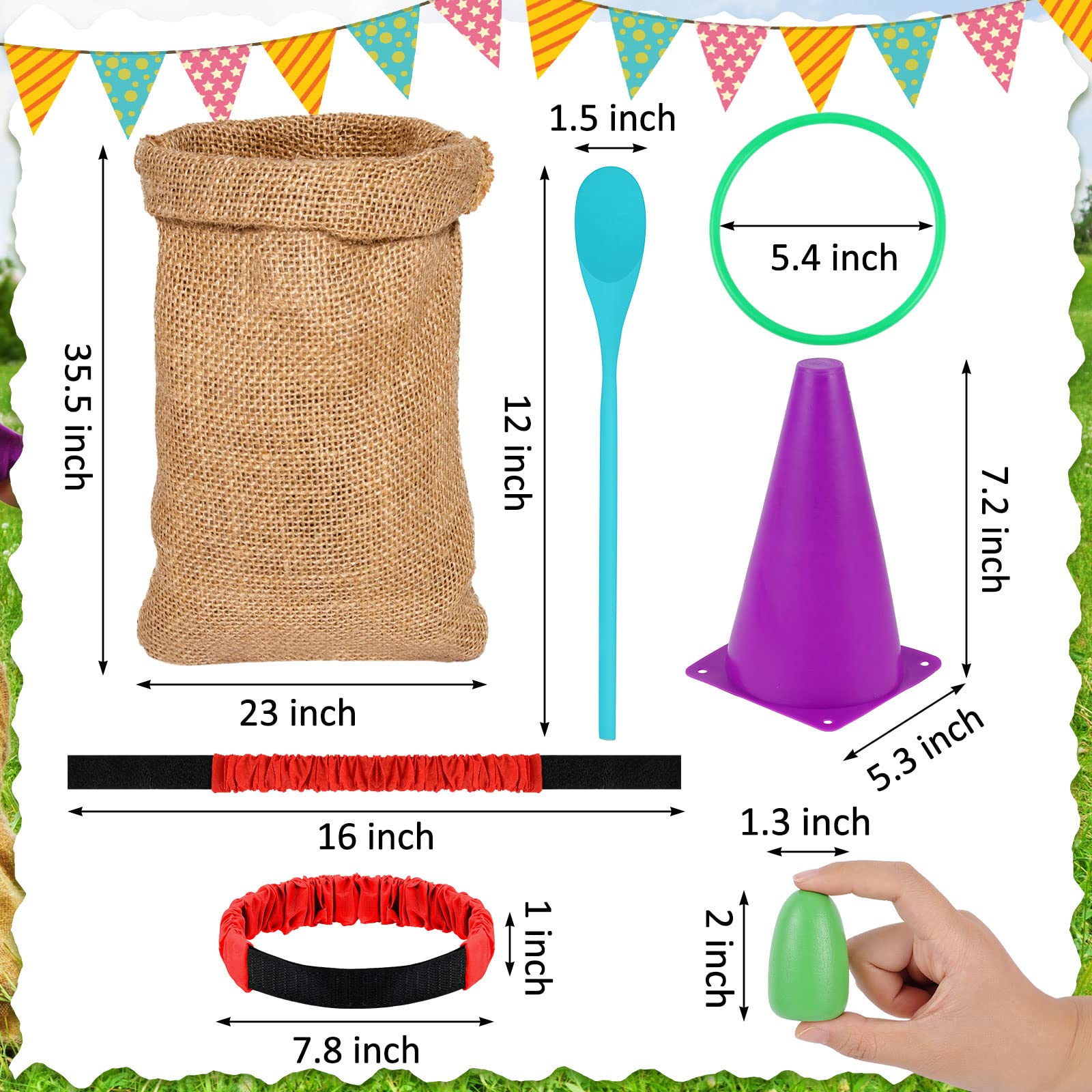 Sumind 40-Piece Carnival Outdoor Game Set - 6 Pack 25x40 Inch Burlap Potato Sack Race Bags for Kids & Adults - Includes Egg & Spoon Race, 3-Legged Race Bands, Ring Toss Cones - Perfect for Field Day, Family Reunion, Lawn Party & Easter Games