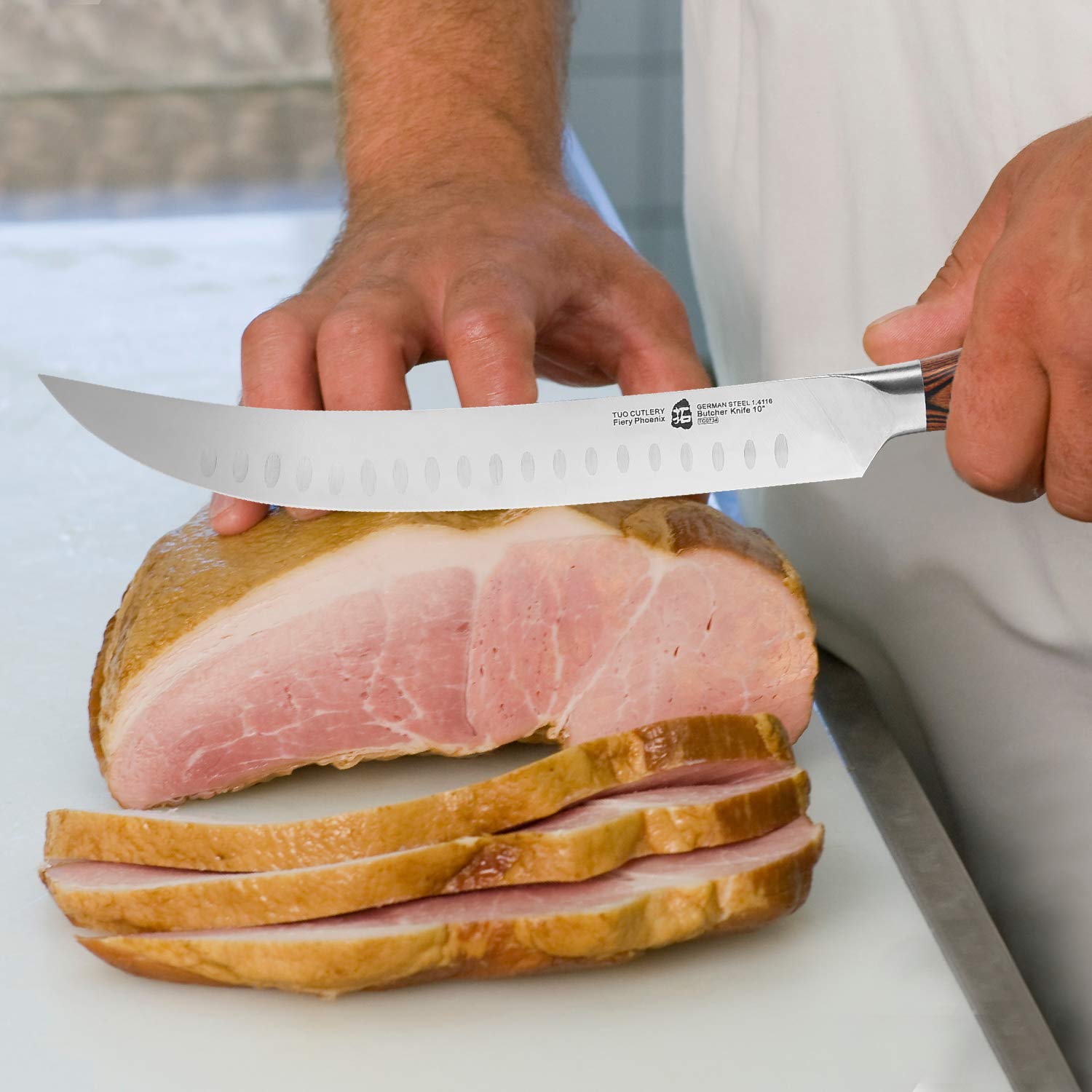 TUO Cimitar Butcher Knife - 10 Inch Professional Curved Meat Cleaver for Breaking, Slicing & Carving - German High Carbon Steel Blade with Full Tang Pakkawood Handle - Fiery Series Gift Box (Perfect for Butchers, Chefs & BBQ Enthusiasts)