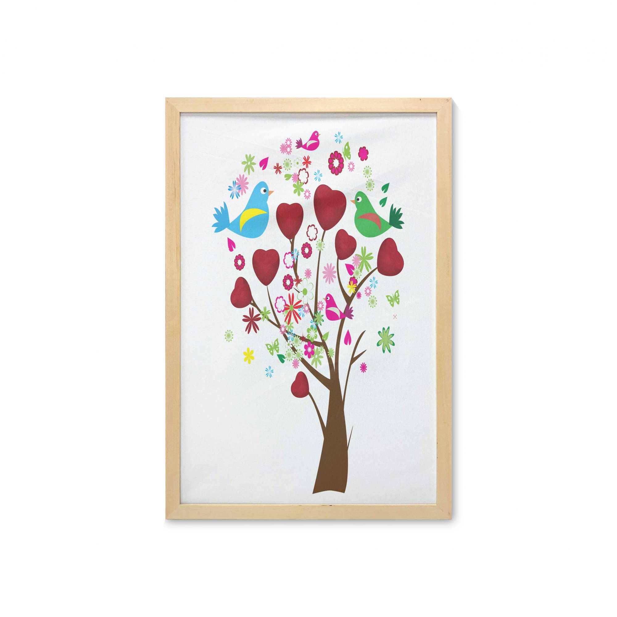 Ambesonne Love Wall Art with Frame - Hearts & Love Birds on Tree Blossom Cartoon Print Fabric Poster (23x35 Inch) | White & Multicolor Decor for Bathroom, Living Room, Bedroom, Dorm | Romantic Home & Gift Idea