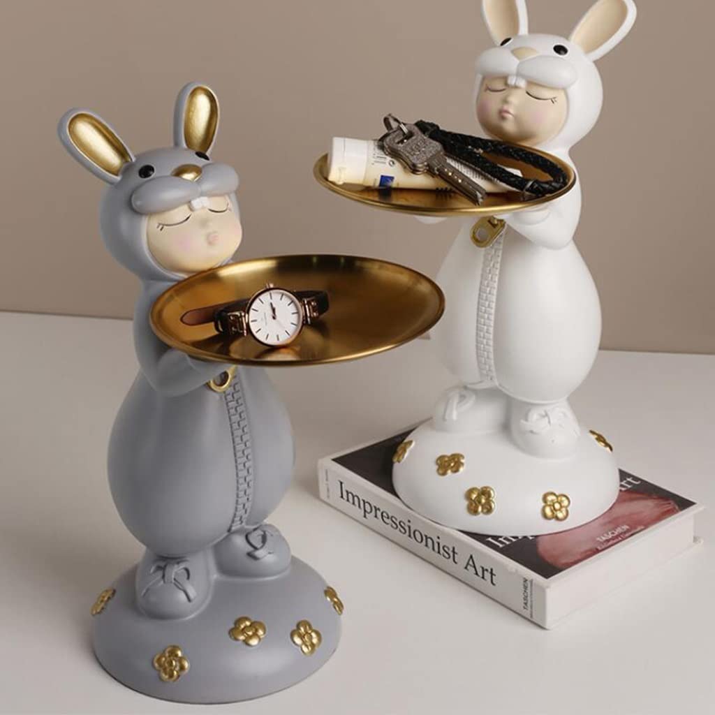 Stylish Ceramic Rabbit Girl Figurine with Round Metal Tray - Cute Animal Statue for Home Decor, Coffee Table Centerpiece & Entryway Key Organizer (Gray) - Perfect for Living Room, Bedroom & Office Desk Decorations