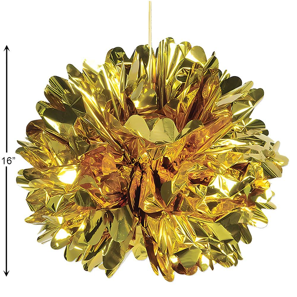16 Inch Metallic Gold Fluff Balls - Elegant Wedding & Party Decorations (Set of 3) for Ceiling Hanging, Lantern Filling, and Table Centerpieces