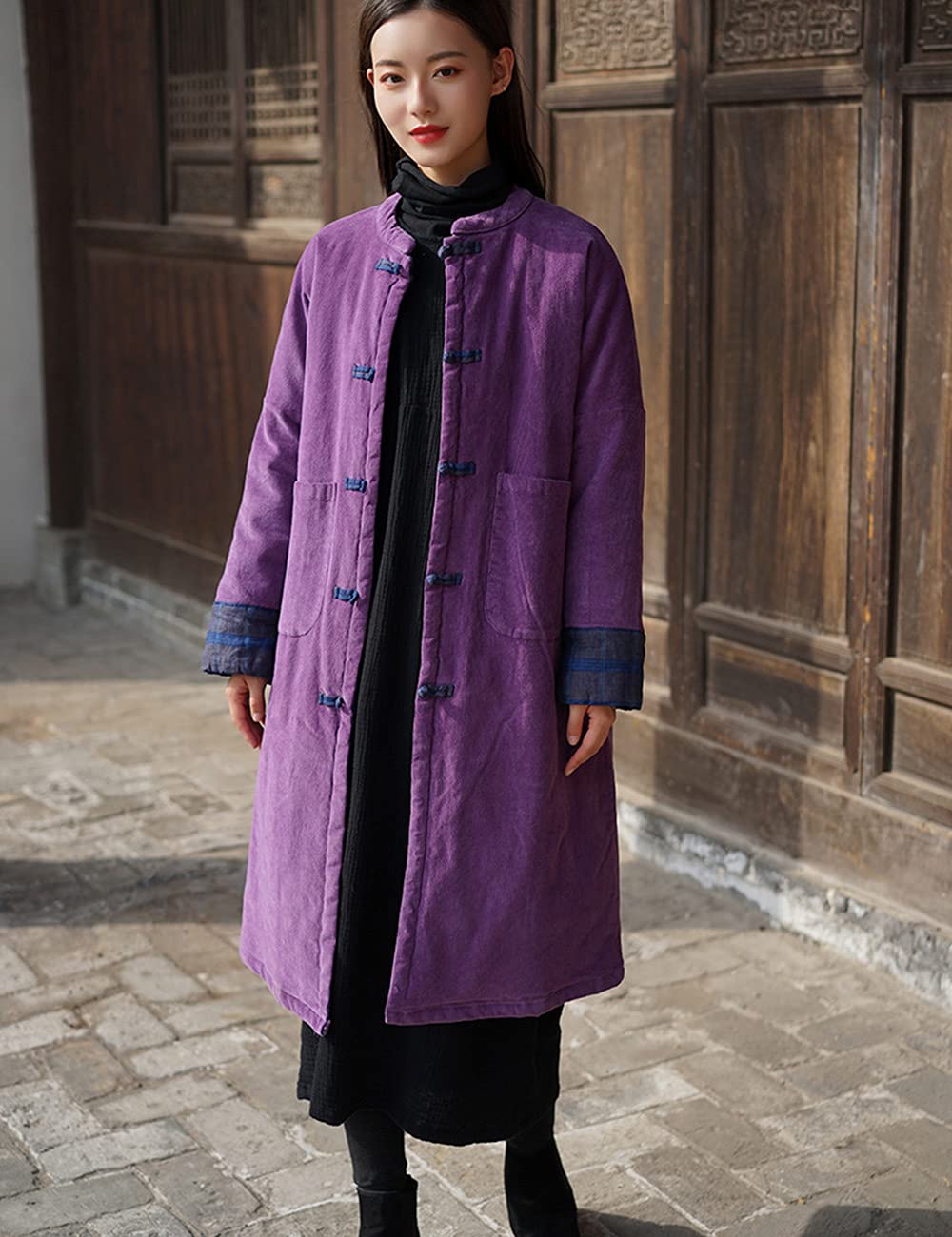 NFYM Women's Long Winter Coat - Thick Warm Corduroy Padded Jacket with Stand Collar | Chinese Tang Style Outerwear for Cold Weather | Perfect for Daily Wear, Office, and Special Occasions