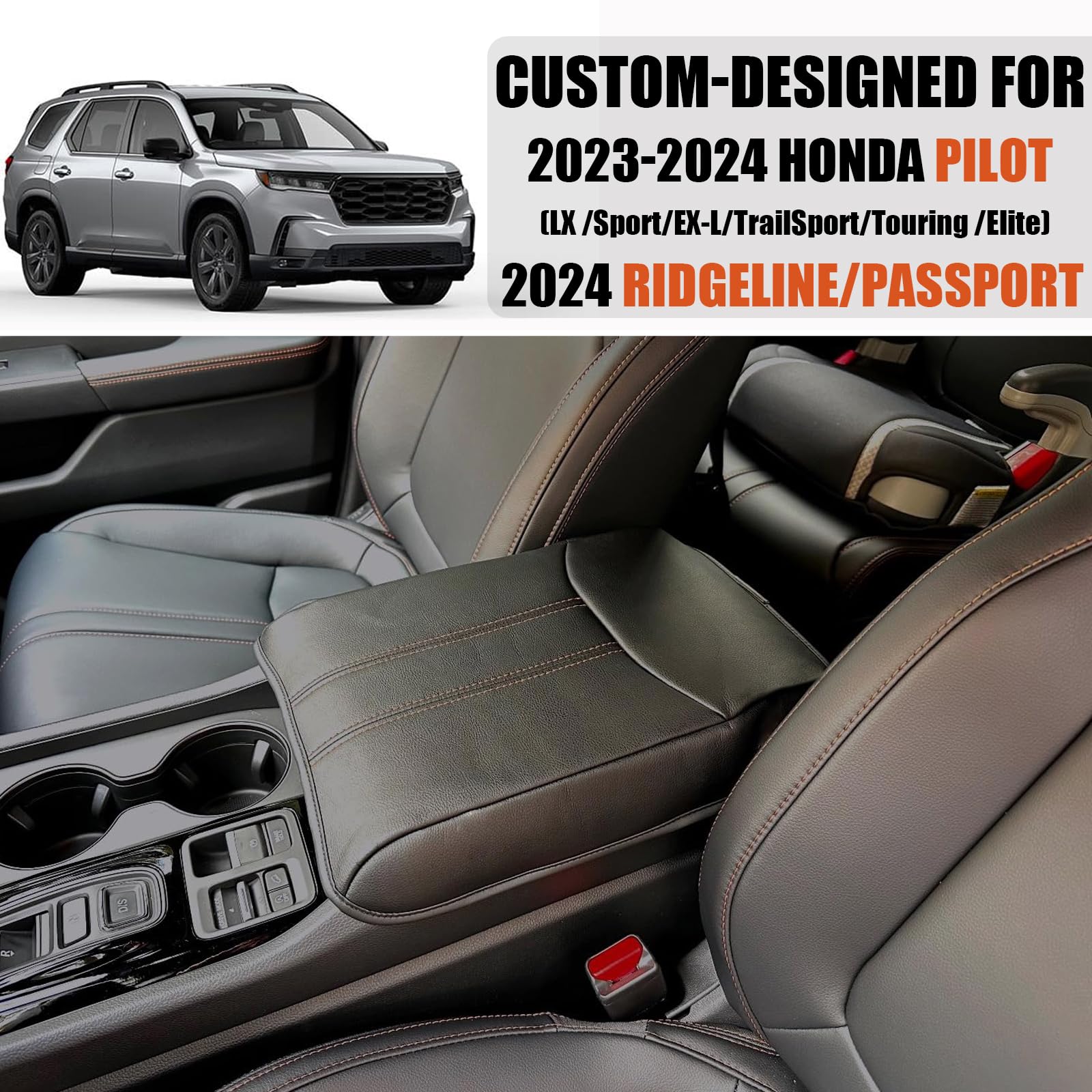 Premium Soft Leather Center Console Cover for Honda Pilot 2023-2025 & Ridgeline/Passport - Armrest Cushion Pad Accessories (Orange) - Comfort Upgrade for Long Drives & Road Trips