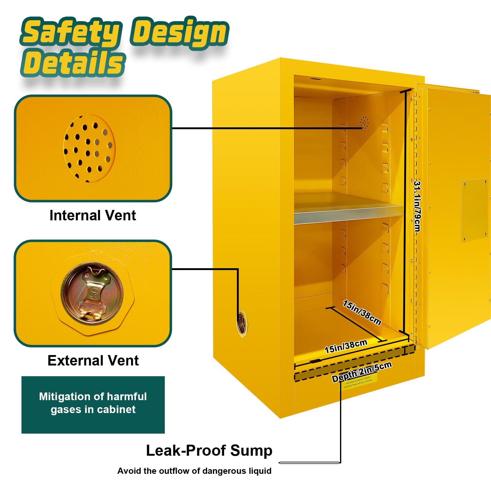 16 Gallon Flammable Storage Cabinet - 18''x18''x35'' Yellow Fire Safety Cabinet for Flammable Liquids, Heavy-Duty Cold-Rolled Steel Construction - Ideal for Industrial Workshops, Laboratories, Garages & Home Use