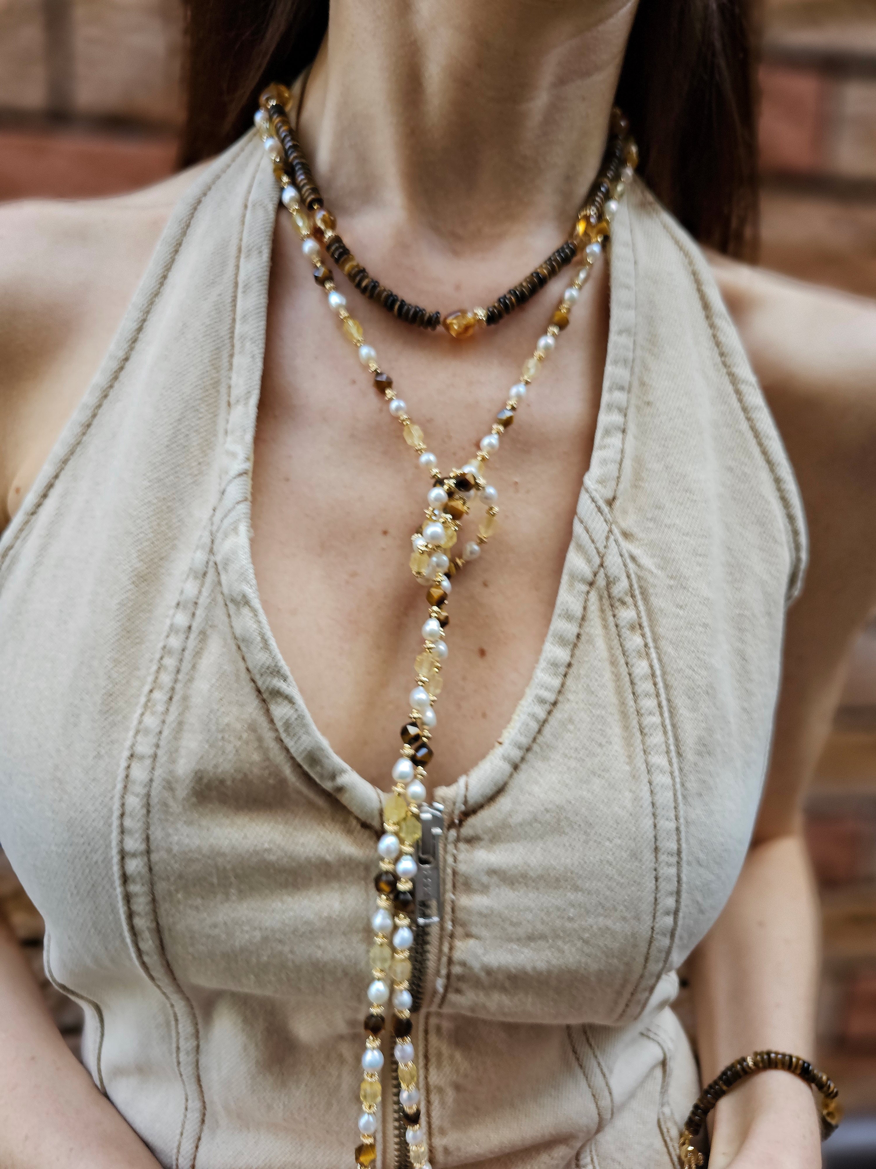 Heart-Shaped Citrine & Brown Tiger Eye Short Necklace PN052 - Perfect for Casual Wear, Gifts, and Boho Fashion