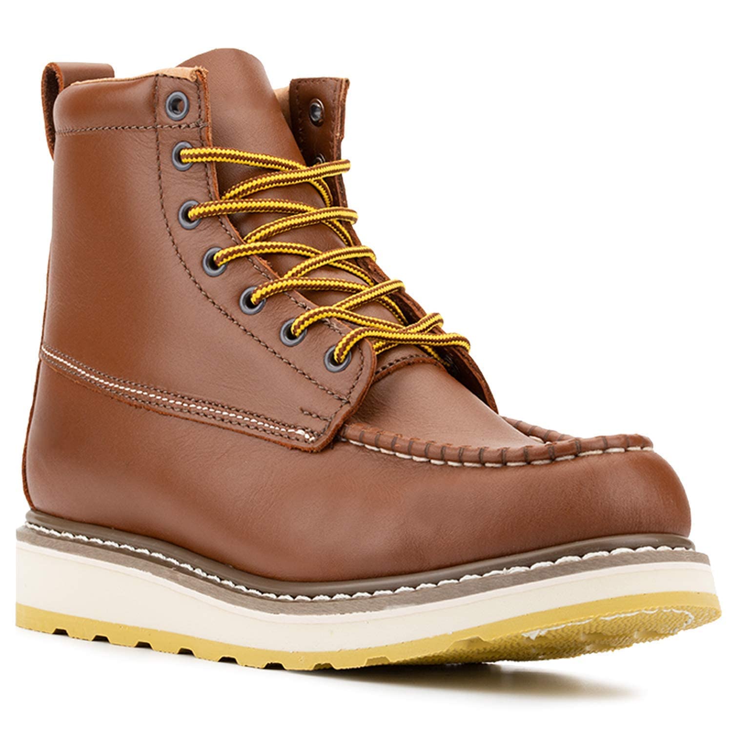 Men's Stylish Classic 6-8 Inch Soft Moc Toe EH Leather Work Boots - Non-Slip Wedge Outsole, Goodyear Storm Welt - Perfect for Construction, Outdoor Work & Heavy Duty Use