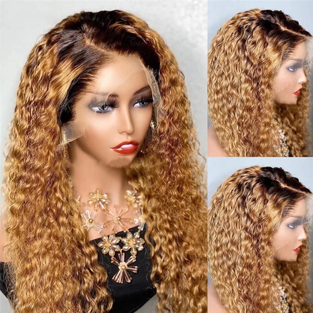 13x6 HD Transparent Lace Front Wig - Honey Blonde Ombre Brazilian Remy Human Hair - Glueless Natural Hairline with Baby Hair - 150% Density 24 Inch Curly Wig for Black Women | Perfect for Daily Wear, Special Occasions & Protective Styling