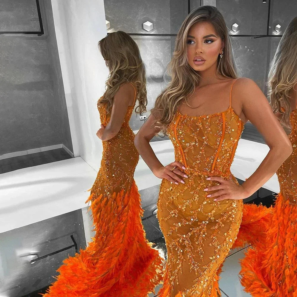 Serene Hill Orange Spaghetti Strap Mermaid Evening Dress with Feathers & Beading - Elegant Women's Formal Gown for Weddings, Parties & Special Occasions | 2025 LA72272