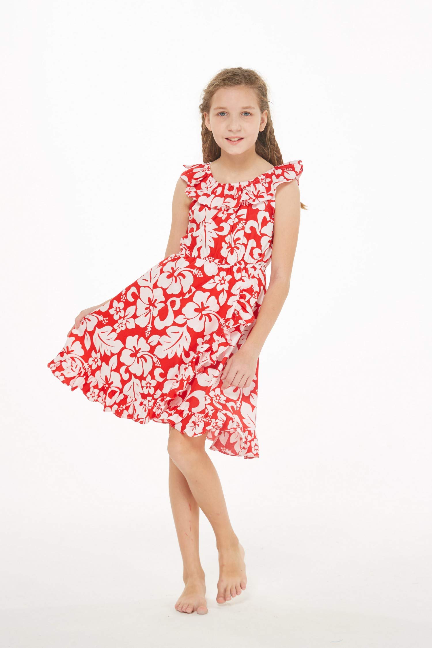 **Luau Wrap Ruffle Dress for Girls - Classic Red Hibiscus Print - Perfect for Hawaiian Parties, Beach Vacations & Summer Outfits**