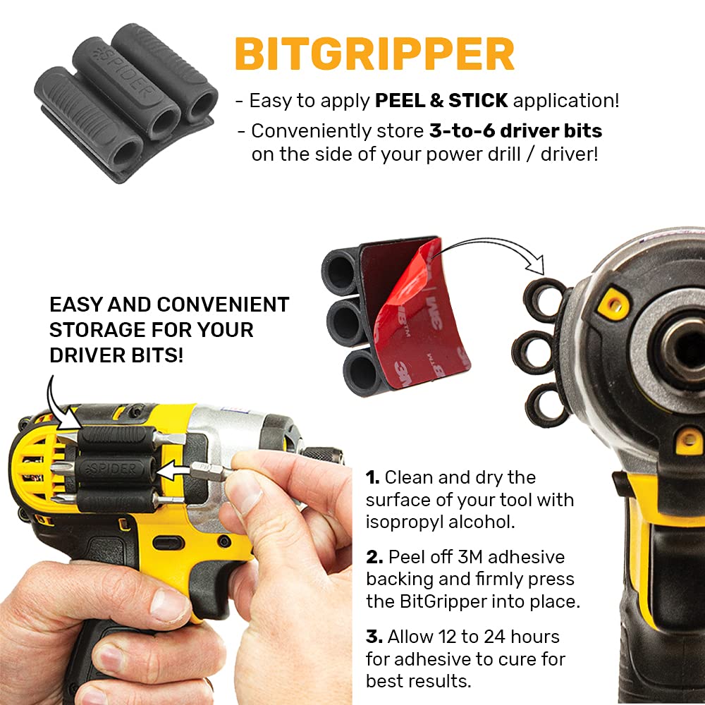 BitGripper V2 Spider Tool Holster - 4-Pack High Strength 3M Adhesive Drill Bit Holder for Power Drills & Drivers - Quick Access to 6 Driver Bits - Perfect for Construction, DIY Projects & Home Repairs