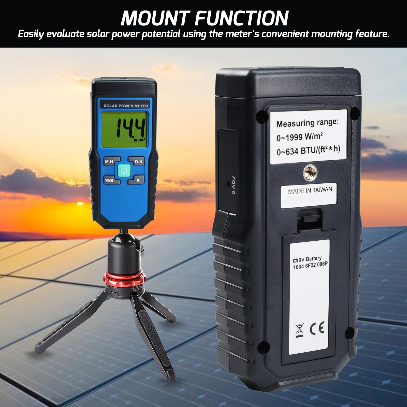 Digital Solar Power Meter - Handheld Portable BTU/W/m2 Tester for Solar Panel Efficiency, UV Index Measurement - Perfect for Home Solar Systems, Gardening, and Outdoor Activities