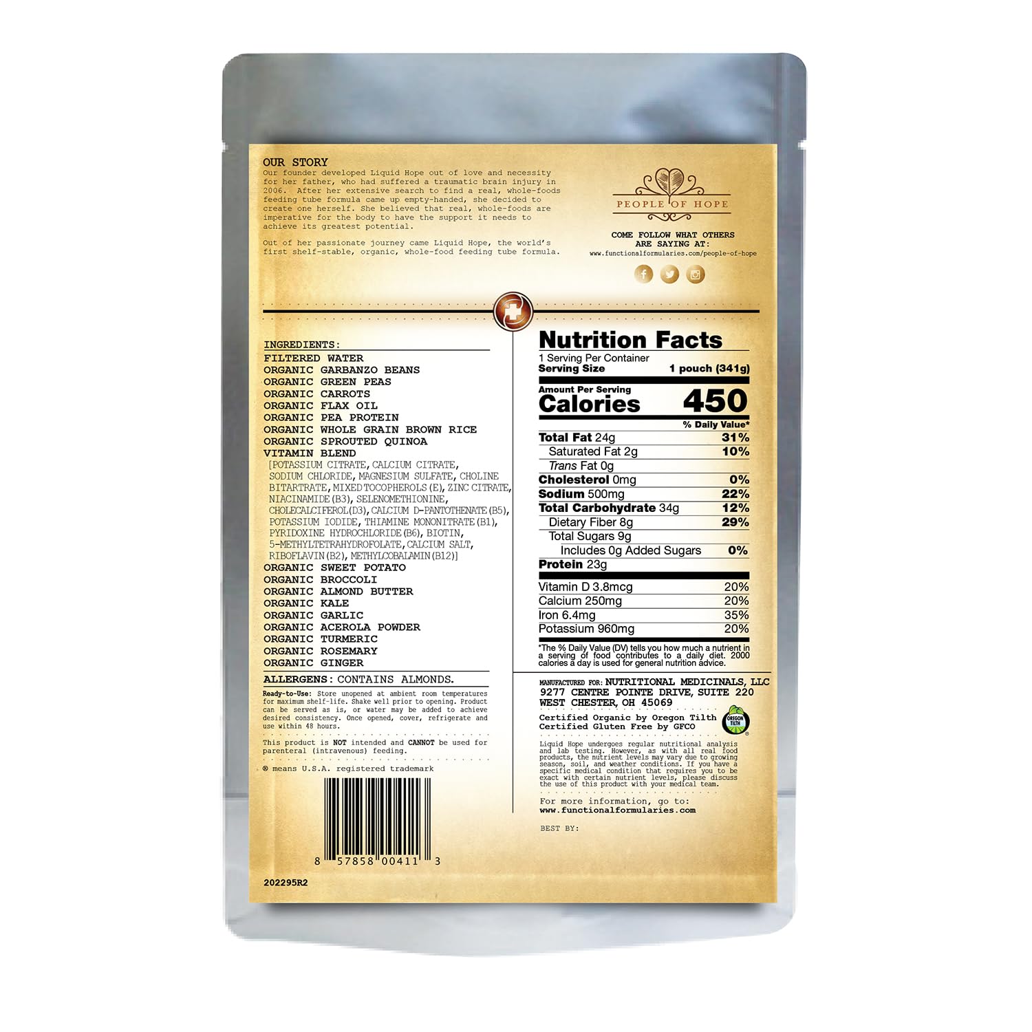 Organic Liquid Hope Tube Feeding Formula - Nutritional Meal Replacement Supplement for Adults & Kids, 12 Oz Pouch (Pack of 24) - Ideal for Hospital, Home Care & Travel Nutrition Needs