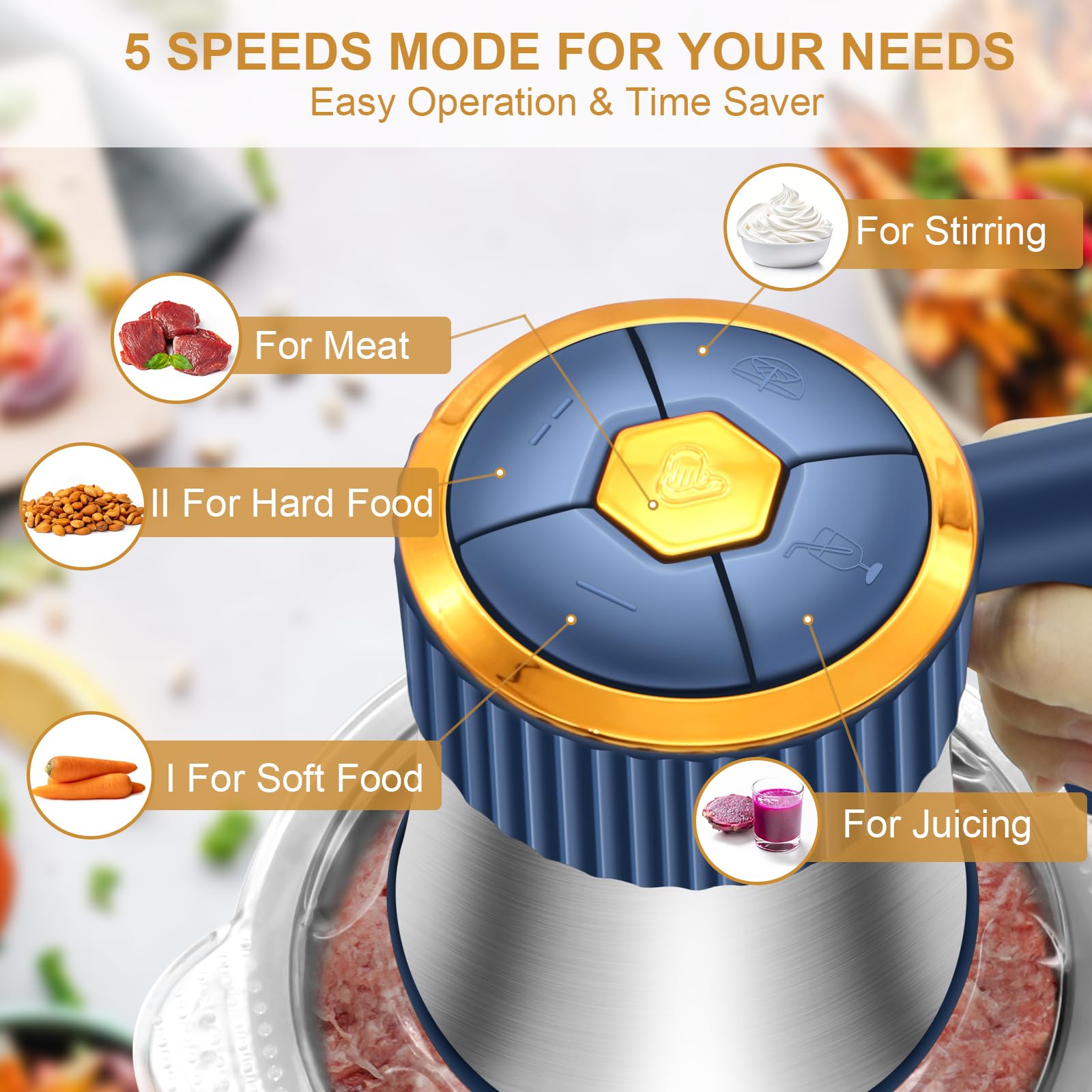 **300W Electric Food Processor - 5 Speed Meat Grinder & Vegetable Chopper with 2 (8 Cup) Bowls & 4 Bi-Level Blades - Perfect for Chopping Onions, Garlic, Nuts, Meat & Making Baby Food - Ideal for Home Cooking, Meal Prep & Healthy Recipes (Blue, 2L Capacity)**
