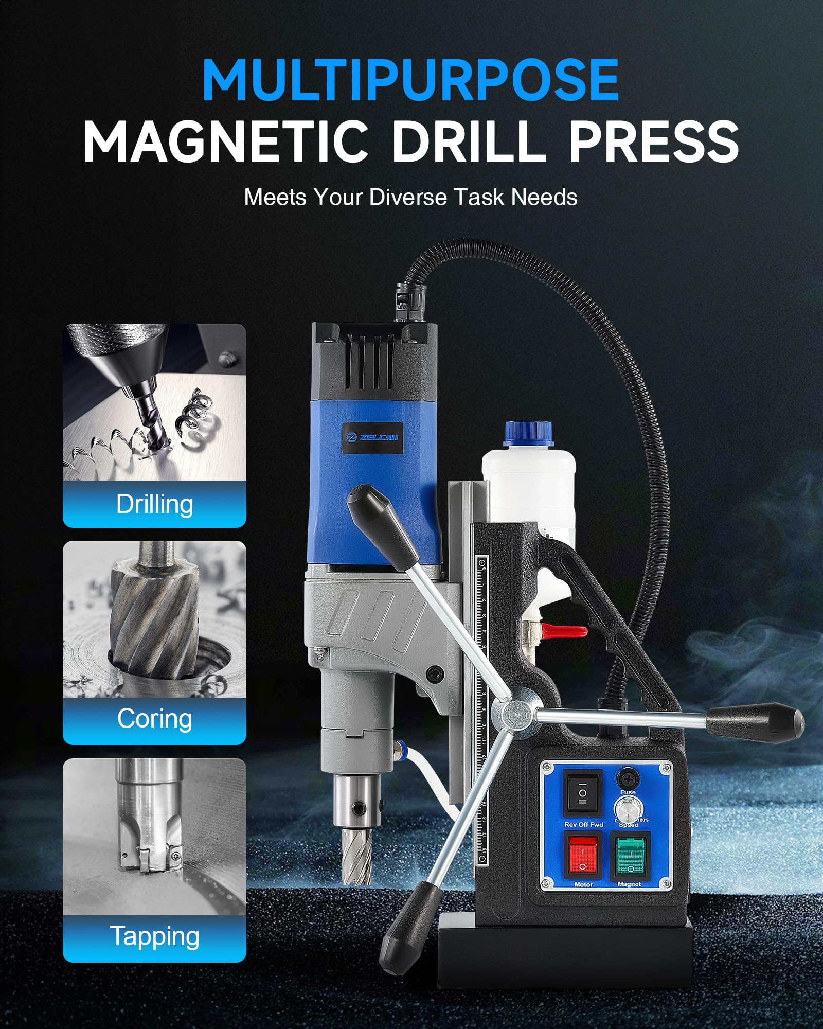 ZELCAN 1550W Portable Magnetic Drill Press with 11 Drill Bits - 2