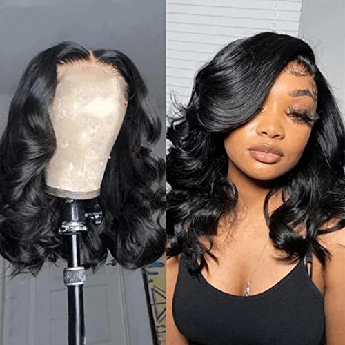 Beauty Forever 13x4 Lace Front Wig - 12 Inch Natural Wave Human Hair Bob Wig with Feather Bangs, 180% Density, Pre-Plucked with Baby Hair for Women | Perfect for Daily Wear, Cosplay & Special Occasions