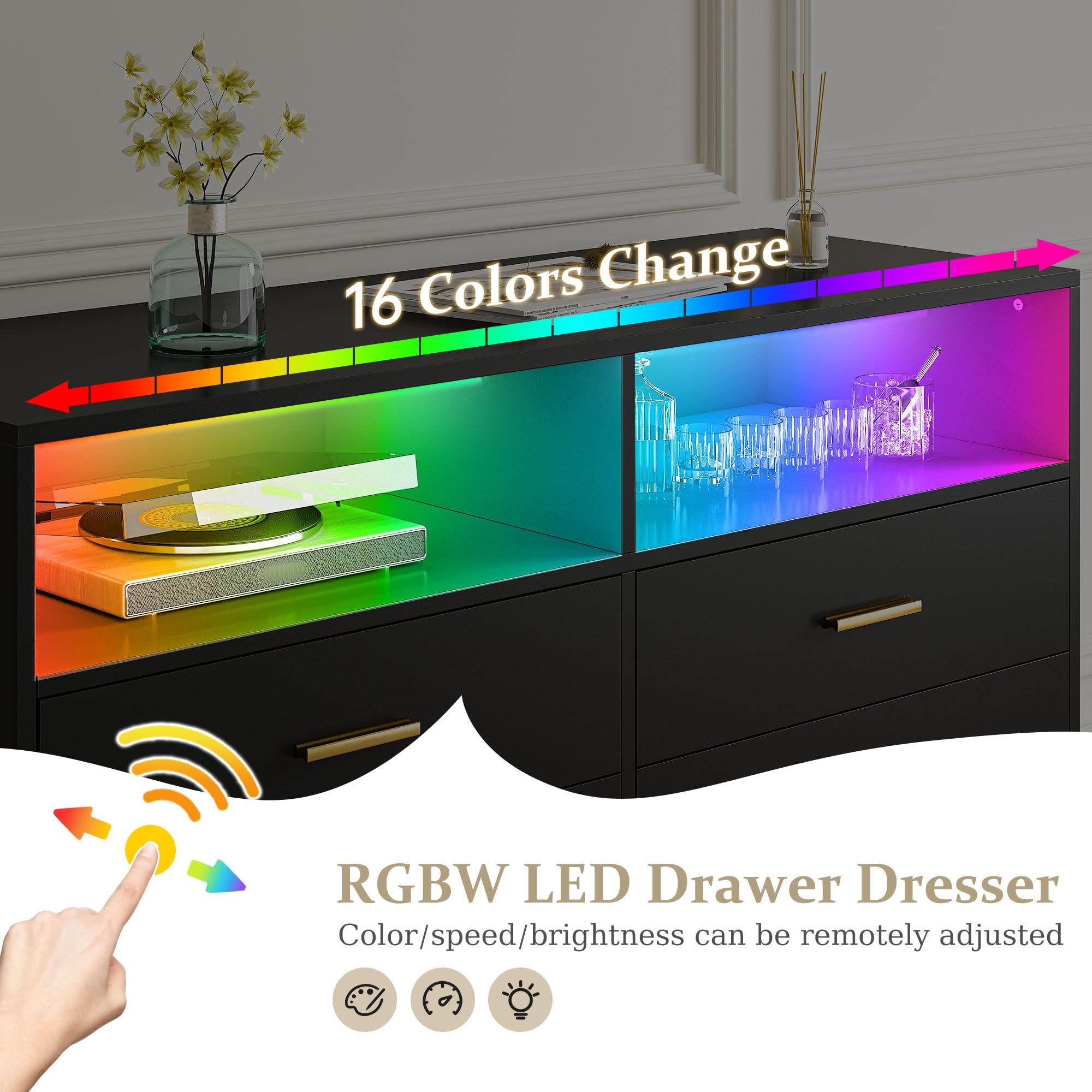 LED Wood Dresser for Bedroom - Wide Drawers, Metal Handles - Perfect for Clothes Storage & Entryway