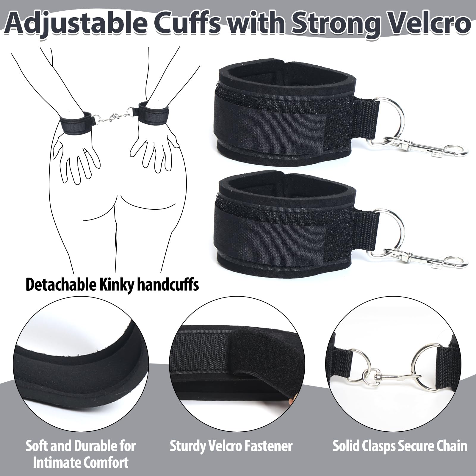BDSM Bondage Wrist & Thigh Cuffs Set - Adjustable Restraints with Feather Tickler, Nipple Clamps & Blindfold - Adult Couples SM Toys for Men & Women - Perfect for Spicing Up Your Bedroom Play & BDSM Exploration