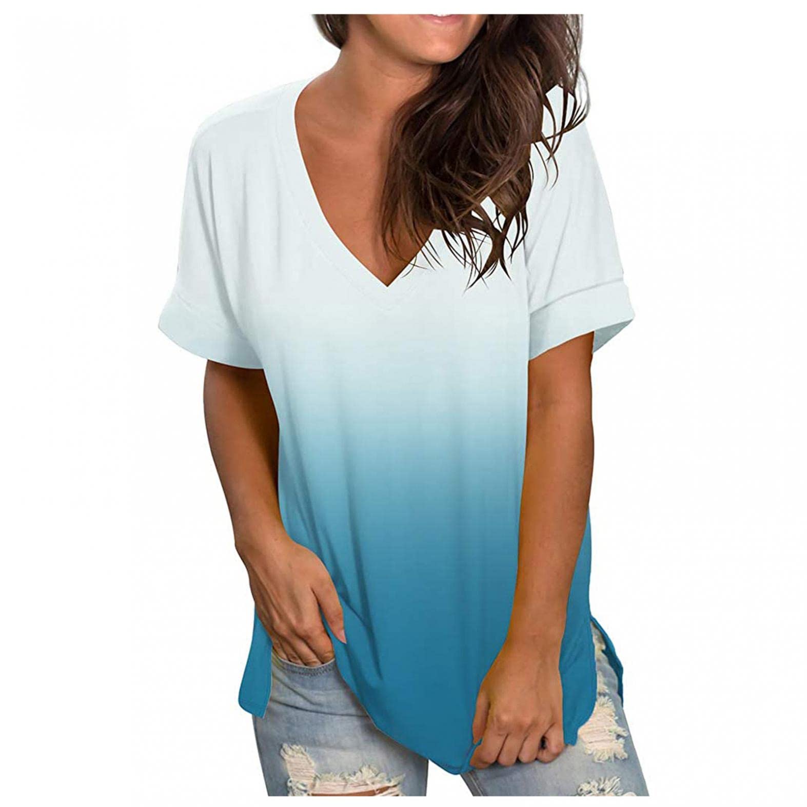 Aayomet Women's Fashion Gradient V-Neck Tunic Tops - Casual Short Sleeve Loose Blouses for Summer, Work & Everyday Wear