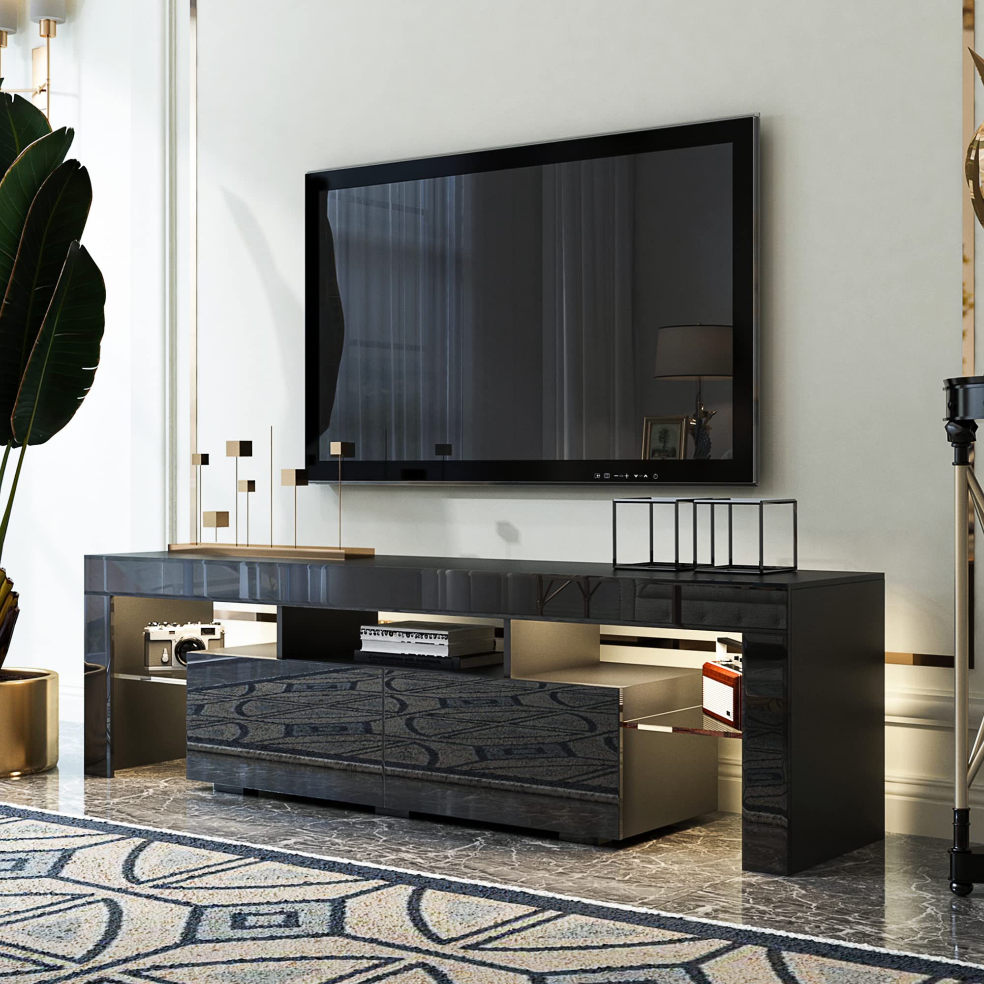 JOYSOURCE Black LED TV Stand - High Glossy Modern Entertainment Center with Large Storage for 60/65/70 Inch TVs - Wood Media Console for Living Room, Bedroom & Gaming Setup - Perfect for Home Theater & Family Entertainment