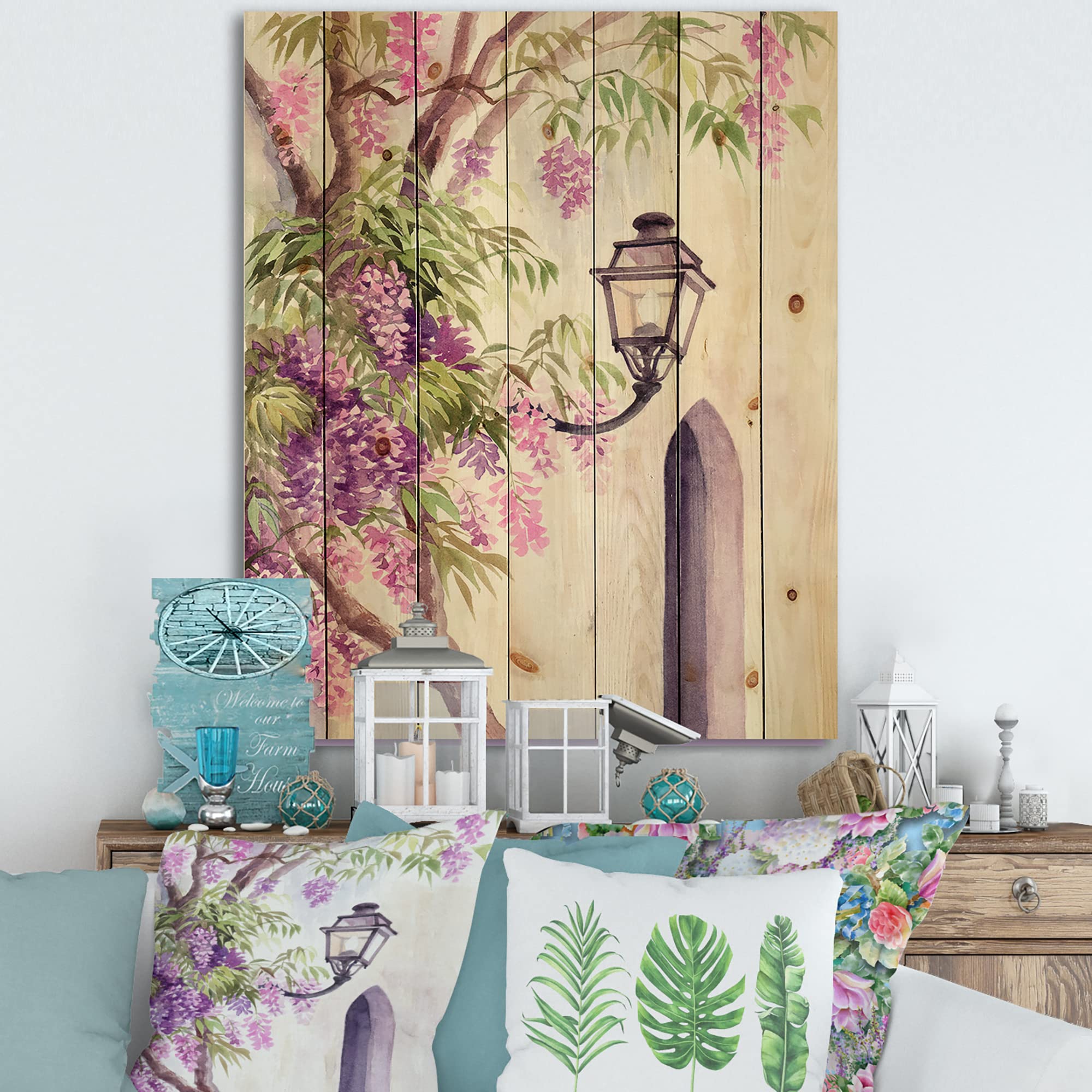 DesignQ Wisteria & Lantern Traditional Wood Wall Decor - Purple Floral Wood Art Panel, Large Pine Wood Wall Hanging for Home & Office Decoration | Perfect for Living Room, Bedroom, Dining Area & Entryway