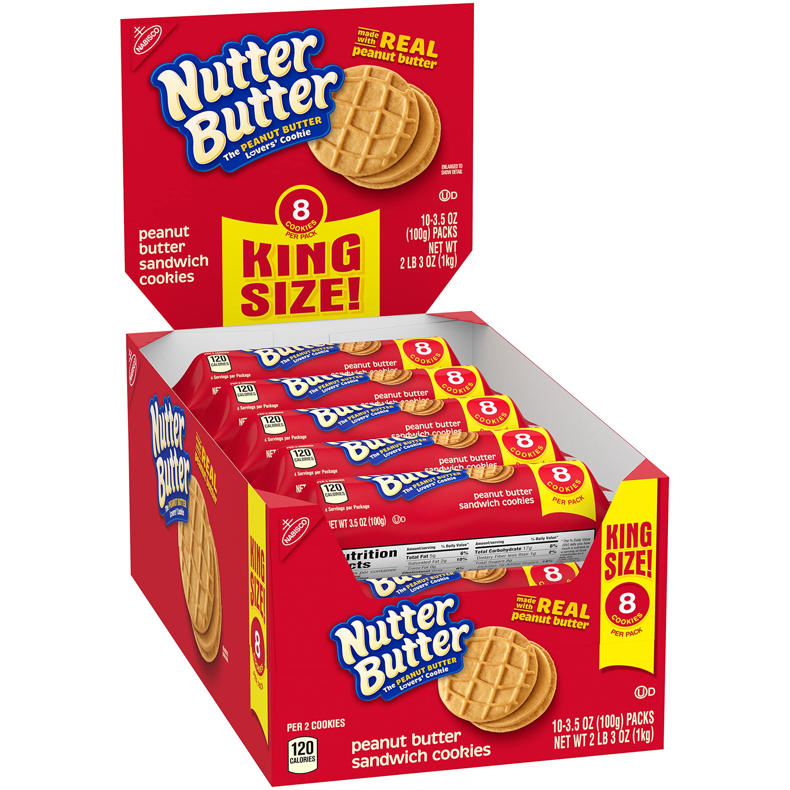 Nutter Butter Peanut Butter Sandwich Cookies - King Size (10 Pack of 3.5 oz Snack Packs) | Crunchy Peanut Butter Snacks for Lunchboxes, Office Treats & Road Trips