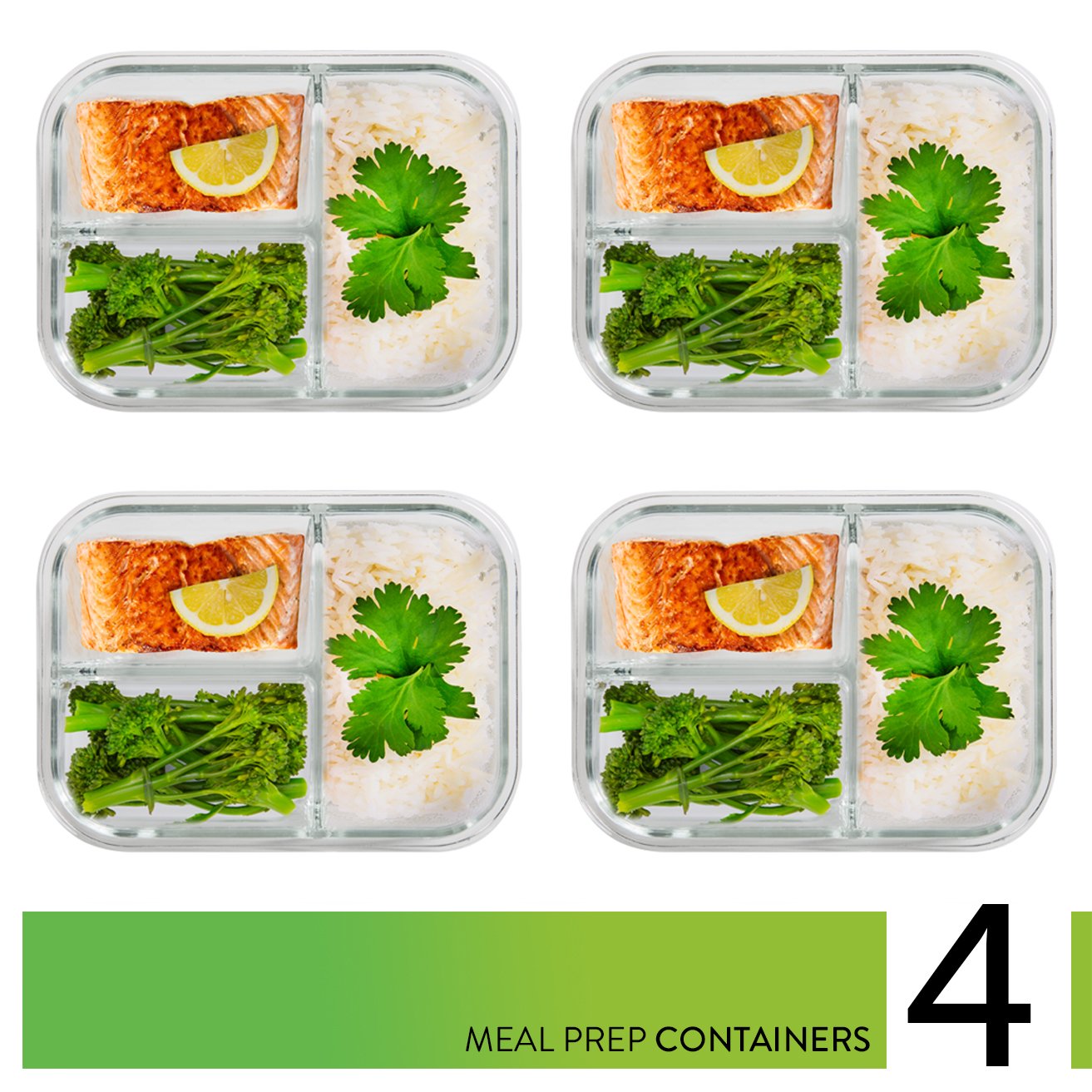 PrepNaturals 4-Pack 34oz Glass Meal Prep Containers with Lids - BPA-Free, Leak-Proof, Multi-Compartment Food Storage - Microwave, Dishwasher, Freezer & Oven Safe - Perfect for Meal Prepping, Leftovers, Lunches & Food Storage