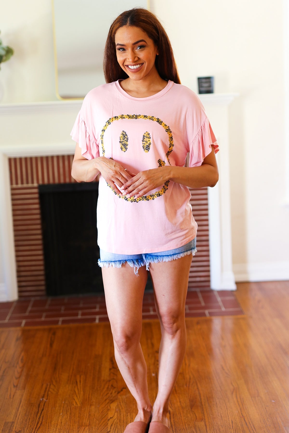 Live For Today Pink Floral Smiley Face Flutter Sleeve Tee - Women's Cute Graphic T-Shirt for Casual Wear, Summer Outfits & Street Style Fashion
