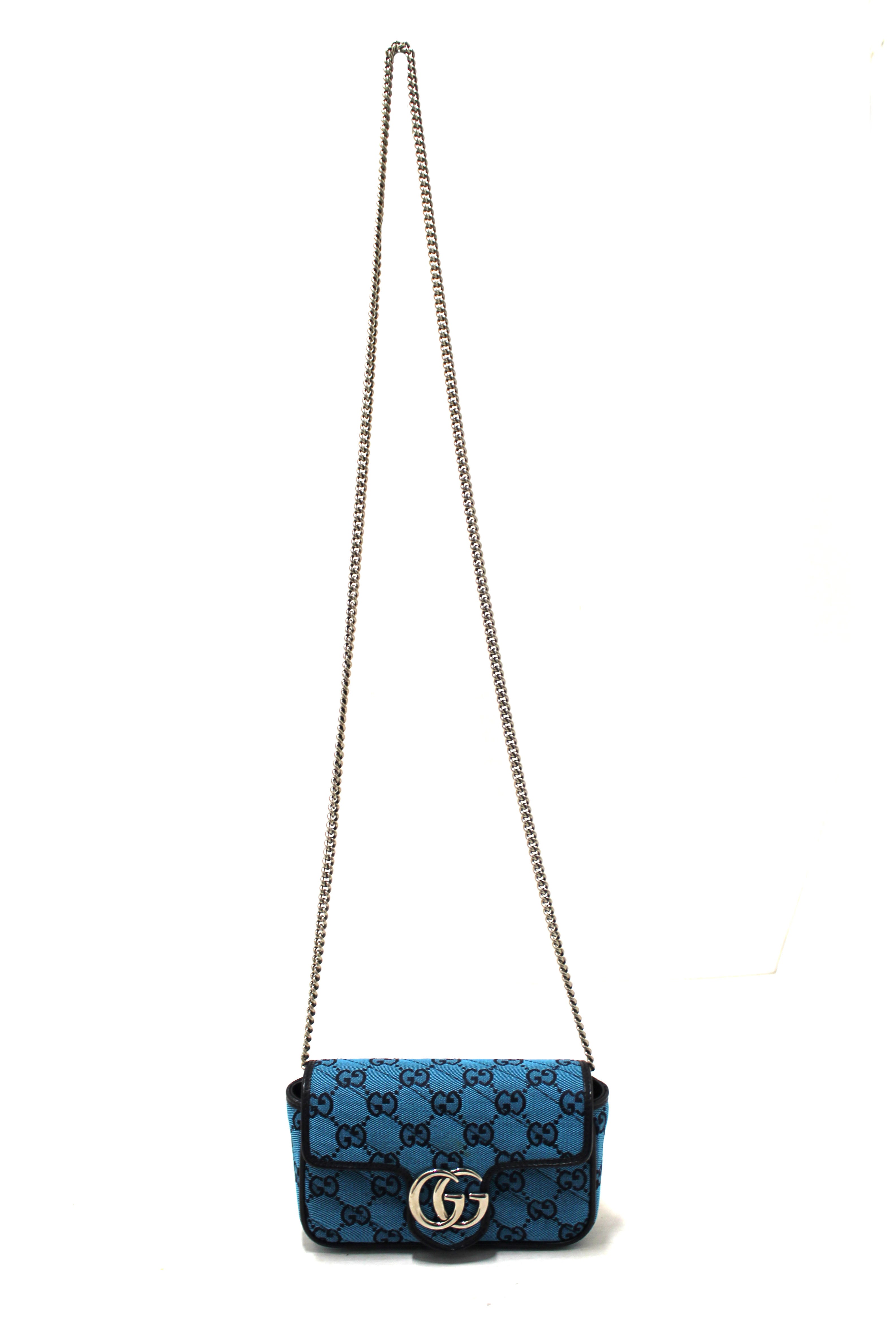 Authentic Gucci Blue Canvas Marmont Matelasse Super Mini Chain Bag 476433 - Luxury Crossbody Purse for Women, Perfect for Parties & Date Nights