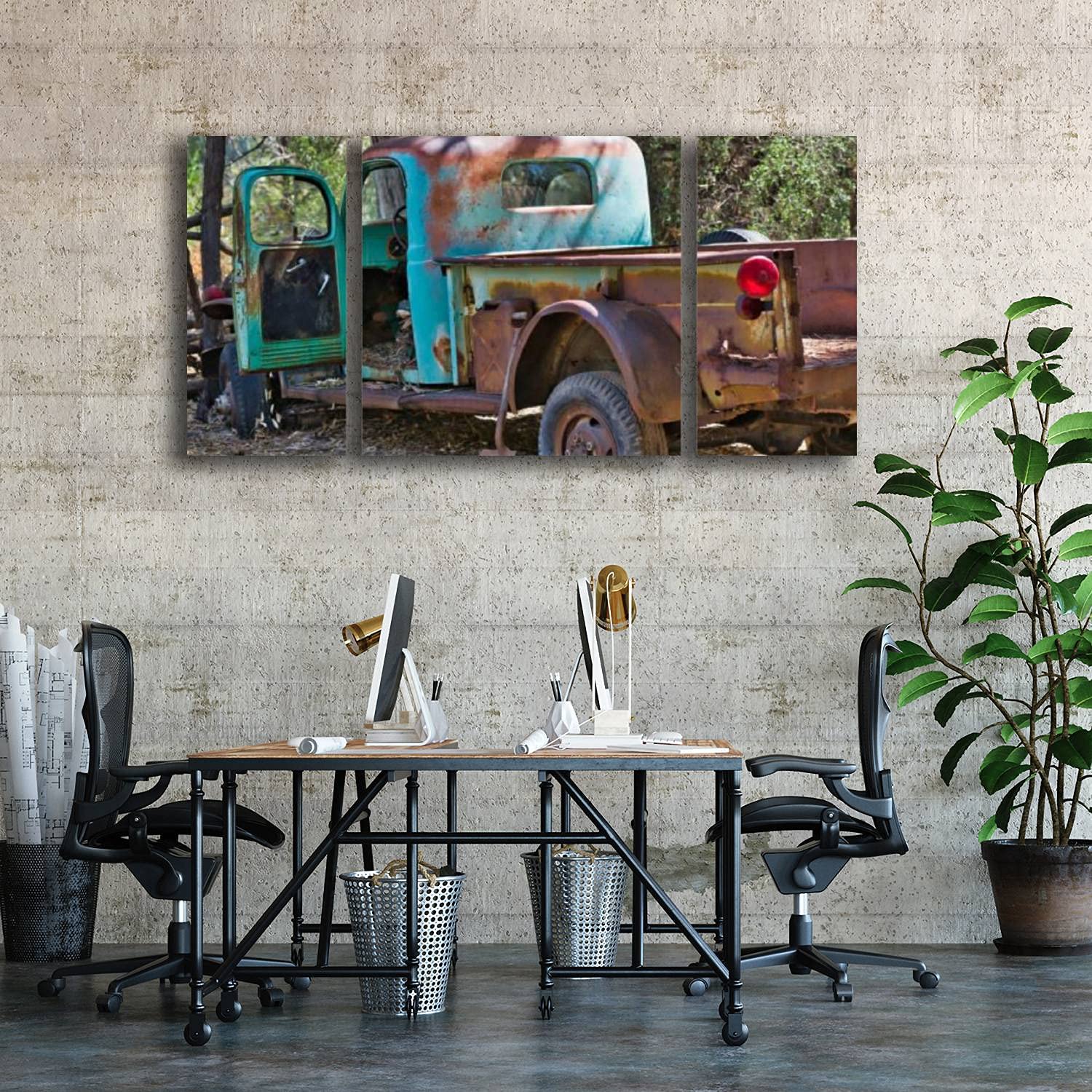 Vintage Pickup Truck 3 Panels Canvas Wall Art - Modern 3D Printed Framed Painting for Home & Office Decor - Ready to Hang - Perfect for Living Room, Bedroom or Workspace Wall Decoration