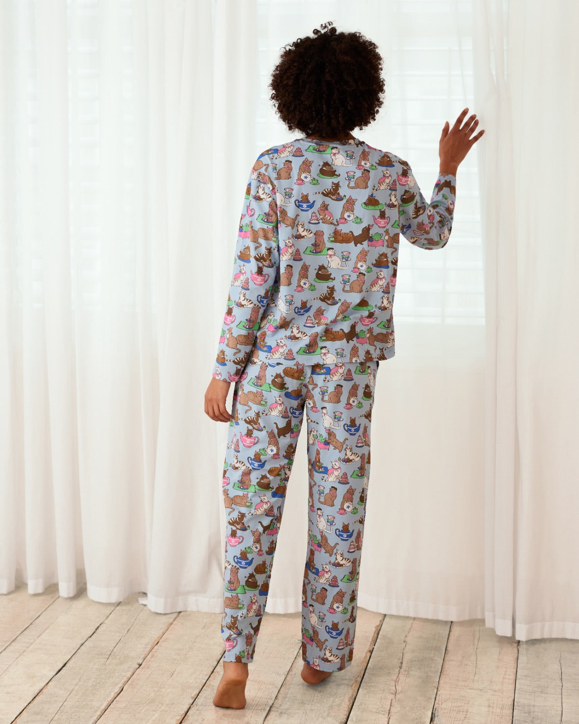 Organic Cotton Cat Tea Party Print Long Pajama Set for Women - Cute & Comfortable Sleepwear for Loungewear, Sleepovers & Cozy Nights at Home