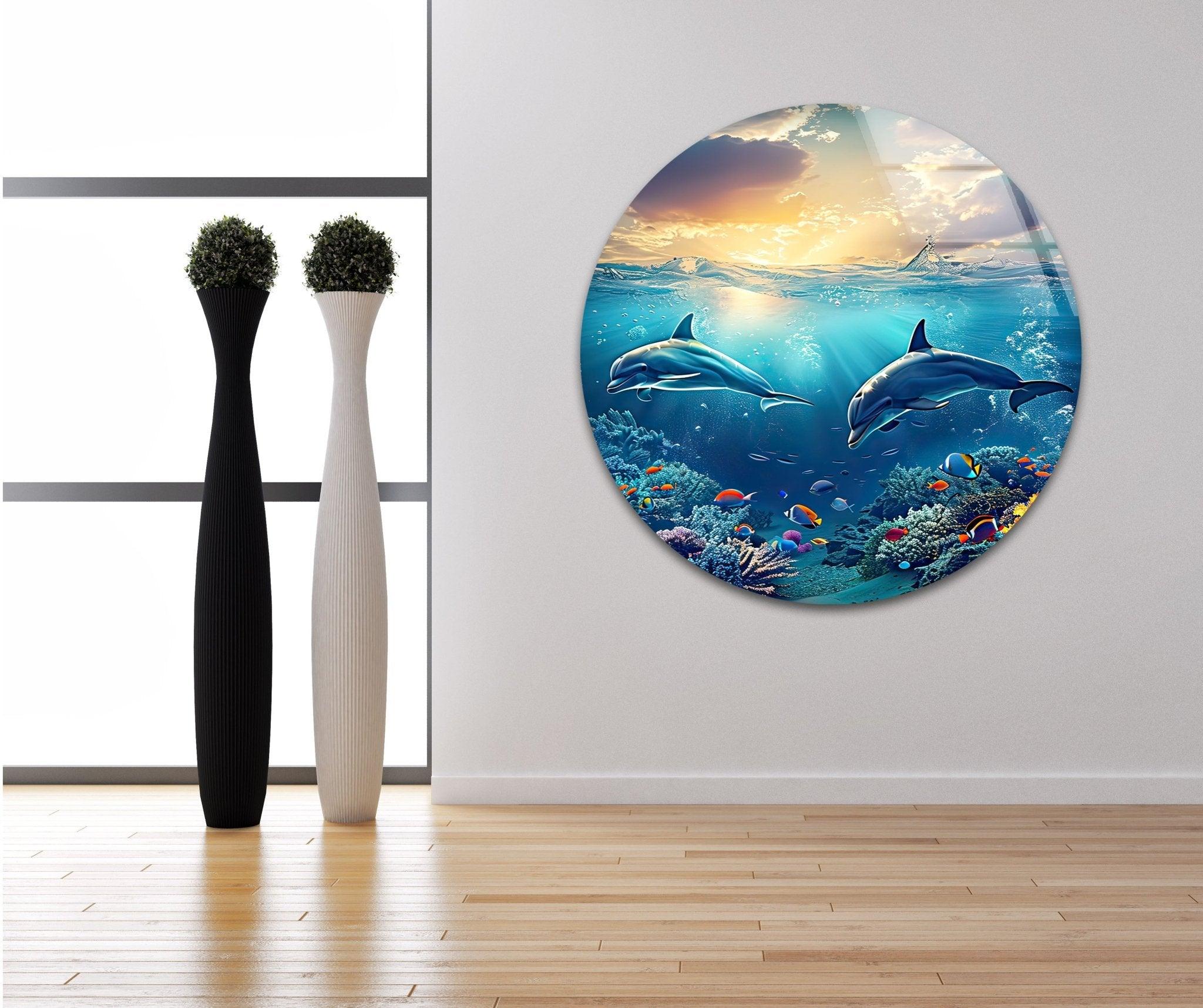 Stunning Dark Blue Dolphins Glass Wall Art - Handmade Ocean Themed Decor for Living Room, Bedroom & Office