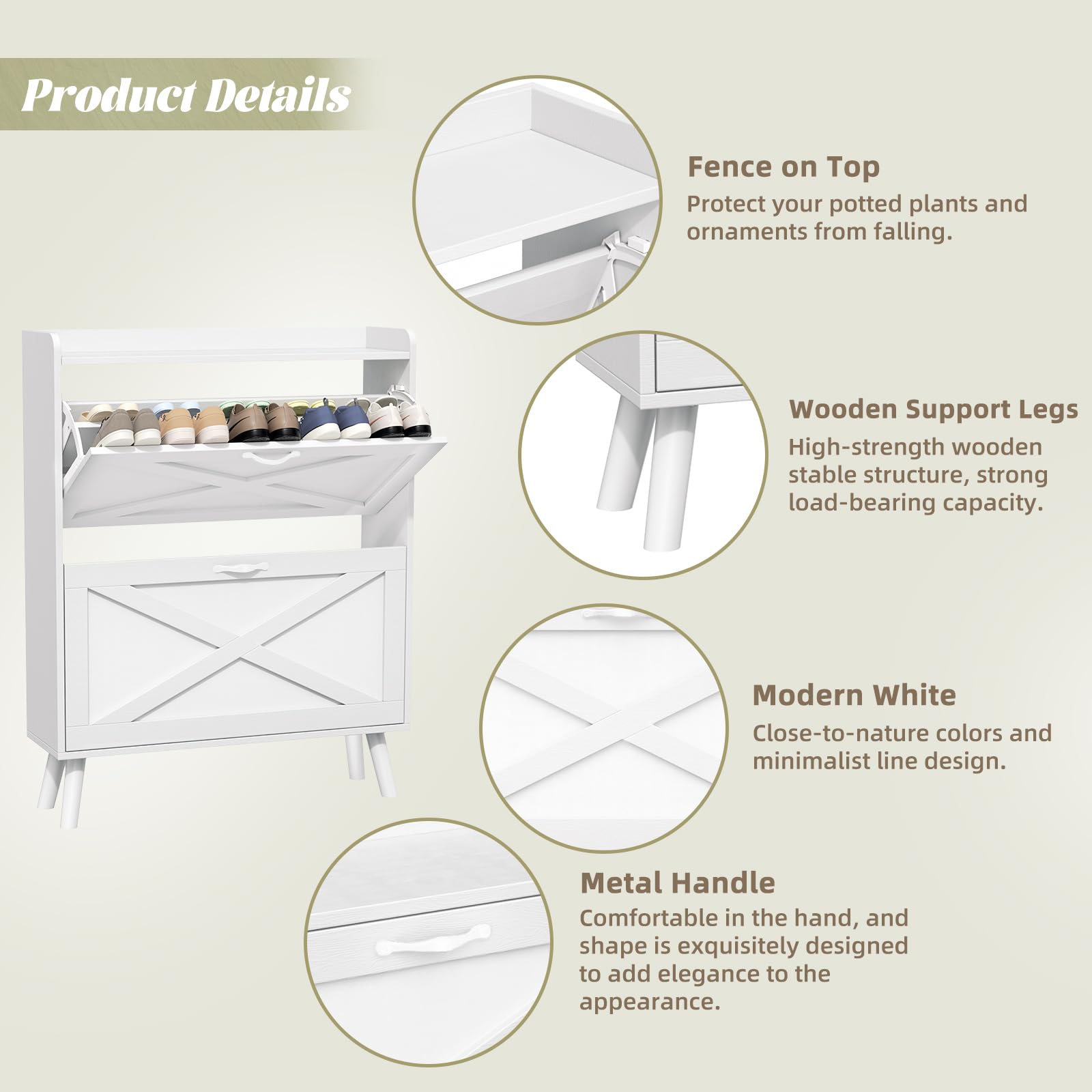 SUNCROWN Freestanding Shoe Storage Cabinet with 2 Flip Drawers - White Narrow Entryway Organizer with Wooden Legs - Perfect for Small Spaces, Closet & Bedroom Organization