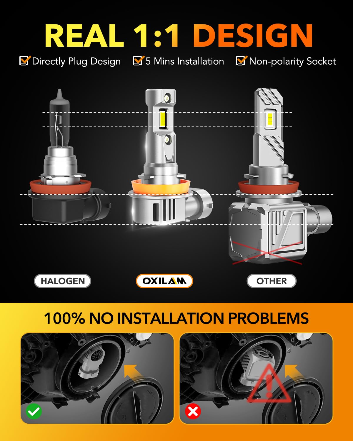 OXILAM H11 9005 LED Bulbs Combo - 44,000 Lumens Super Bright 6500K Cool White - Direct Replacement for 9005/HB3 H11/H9/H8 DRL Fog Lights - Plug & Play - Pack of 4 - Perfect for Night Driving, Off-Roading & Foggy Conditions