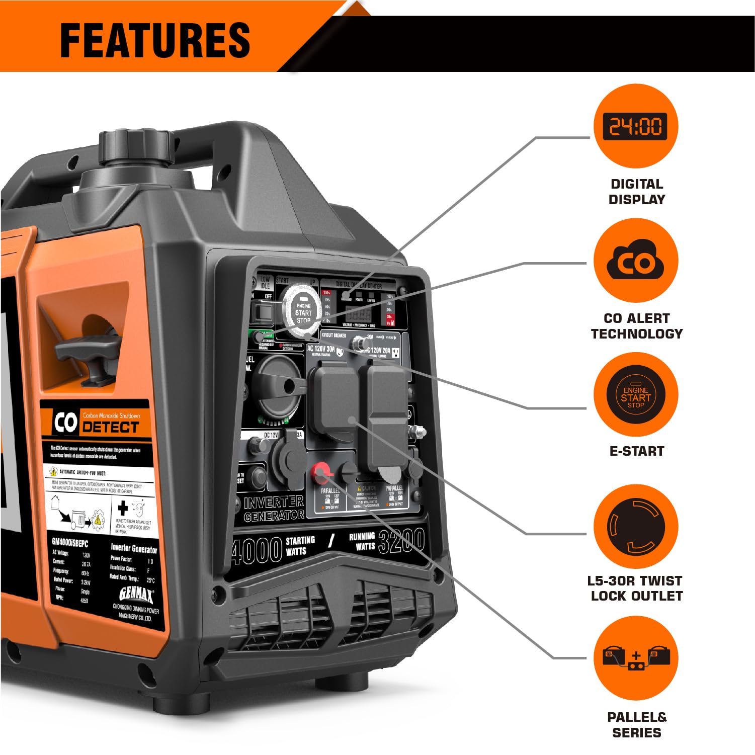 GENMAX Portable Inverter Generator - EPA Compliant, Eco-Mode, Ultra Lightweight & Quiet - Perfect for Home Backup Power, RV Camping & Outdoor Adventures