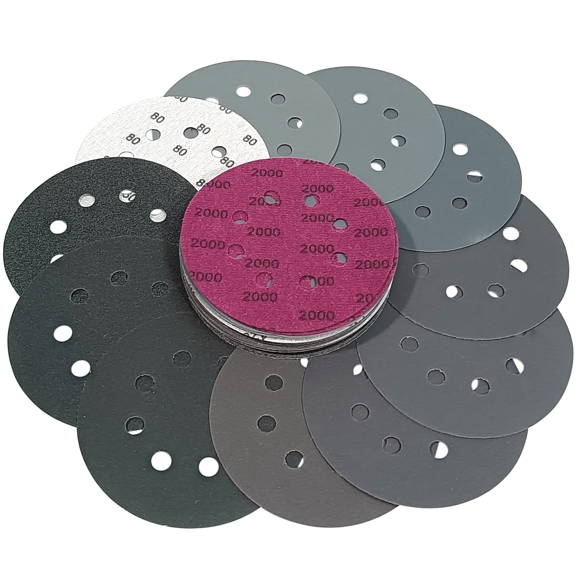 30 PCS 5 Inch 8 Hole Sanding Discs #80-#2000 Grit (80/240/320/400/600/800/1000/1200/1500/2000) for Random Orbital Sander & Grinder - Perfect for Woodworking, Metal Polishing & Automotive Sanding