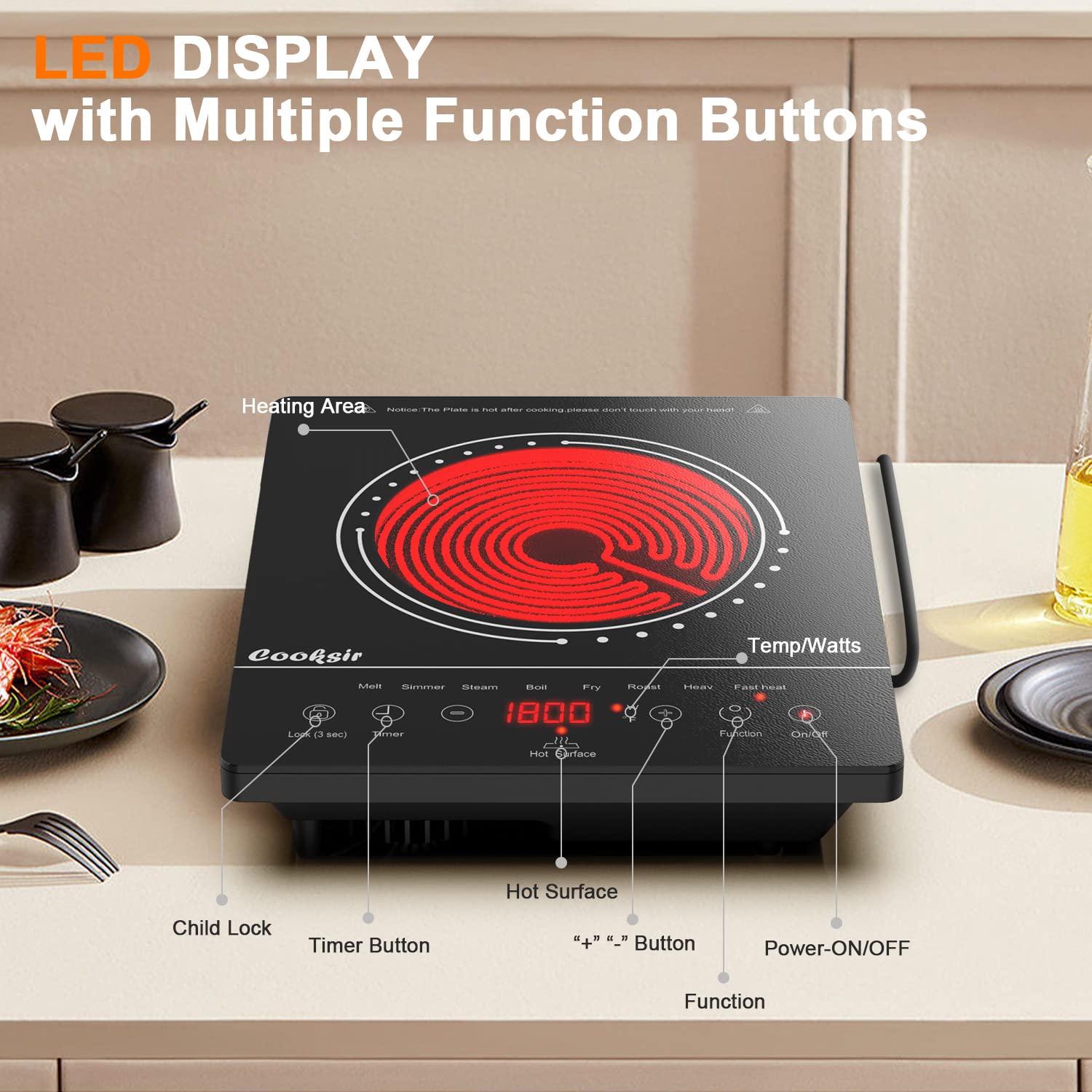 Single Burner Electric Cooktop 1800W - Portable Infrared Induction Cooktop with Safety Lock, Timer & Overheat Protection - Touch Control Stove for Dorm, RV, Office & Small Kitchen - 110V-120V Plug in Electric Hot Plate