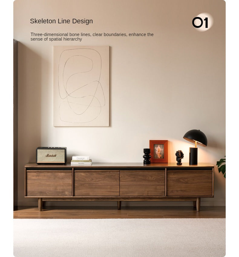 Premium Black Walnut & Ash Solid Wood TV Stand with Skeleton Line Design - Modern Entertainment Center for Living Room, Bedroom, and Home Theater Setup