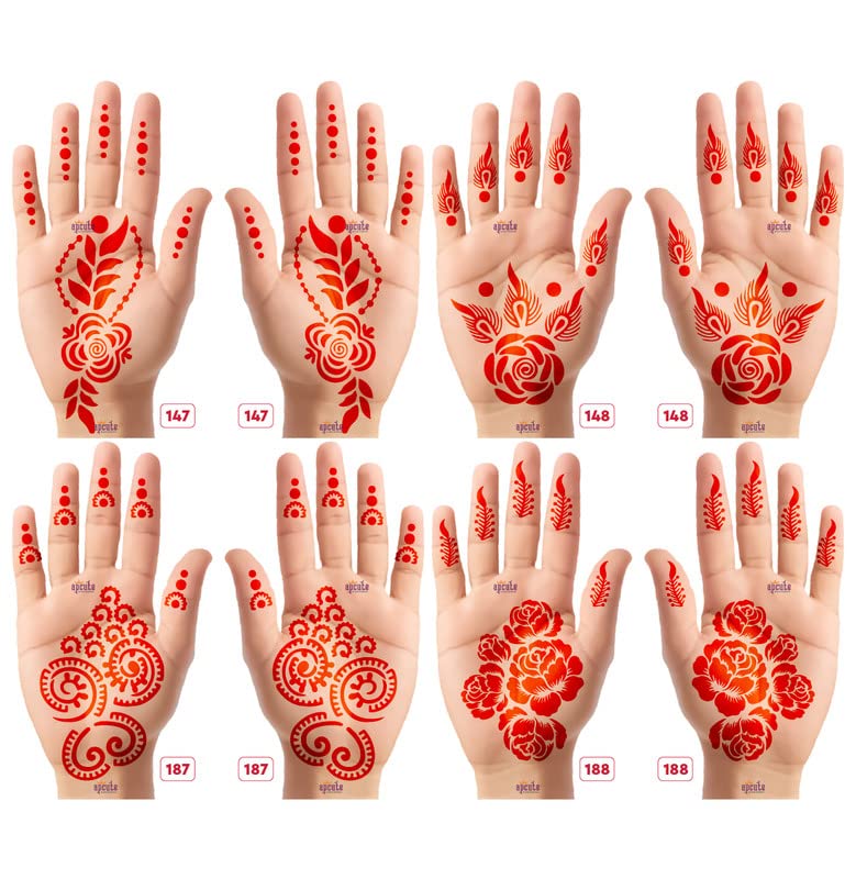 Apcute Mehndi Design Henna Tattoo Stencil Stickers for Girls, Women & Kids - Easy to Use Temporary Body Art - Set of 8 Pieces for Both Hands (Design No. 147, 148, 187, 188) - Perfect for Weddings, Festivals & DIY Body Art