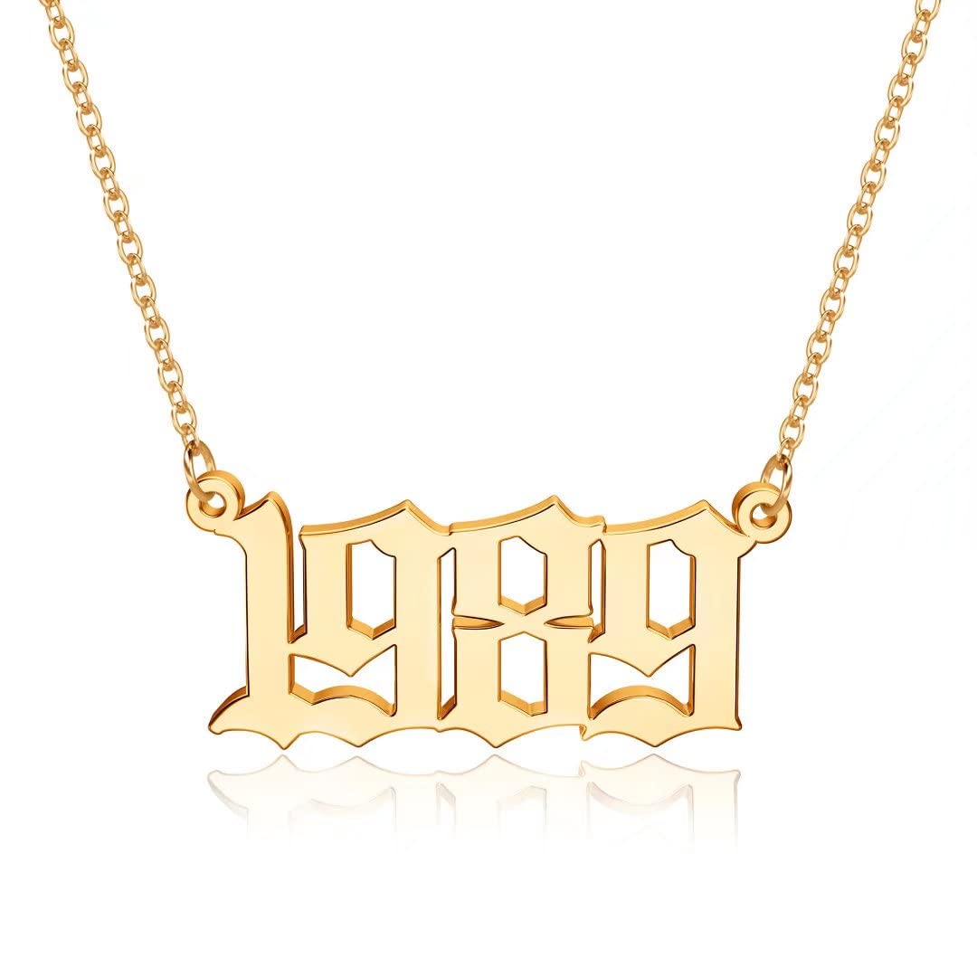 18K Gold Plated Old English Birth Year Necklace for Women - Personalized Jewelry Gift for Birthday, Anniversary (1970-2021) | Elegant Pendant for Everyday Wear, Special Occasions & Meaningful Gifting